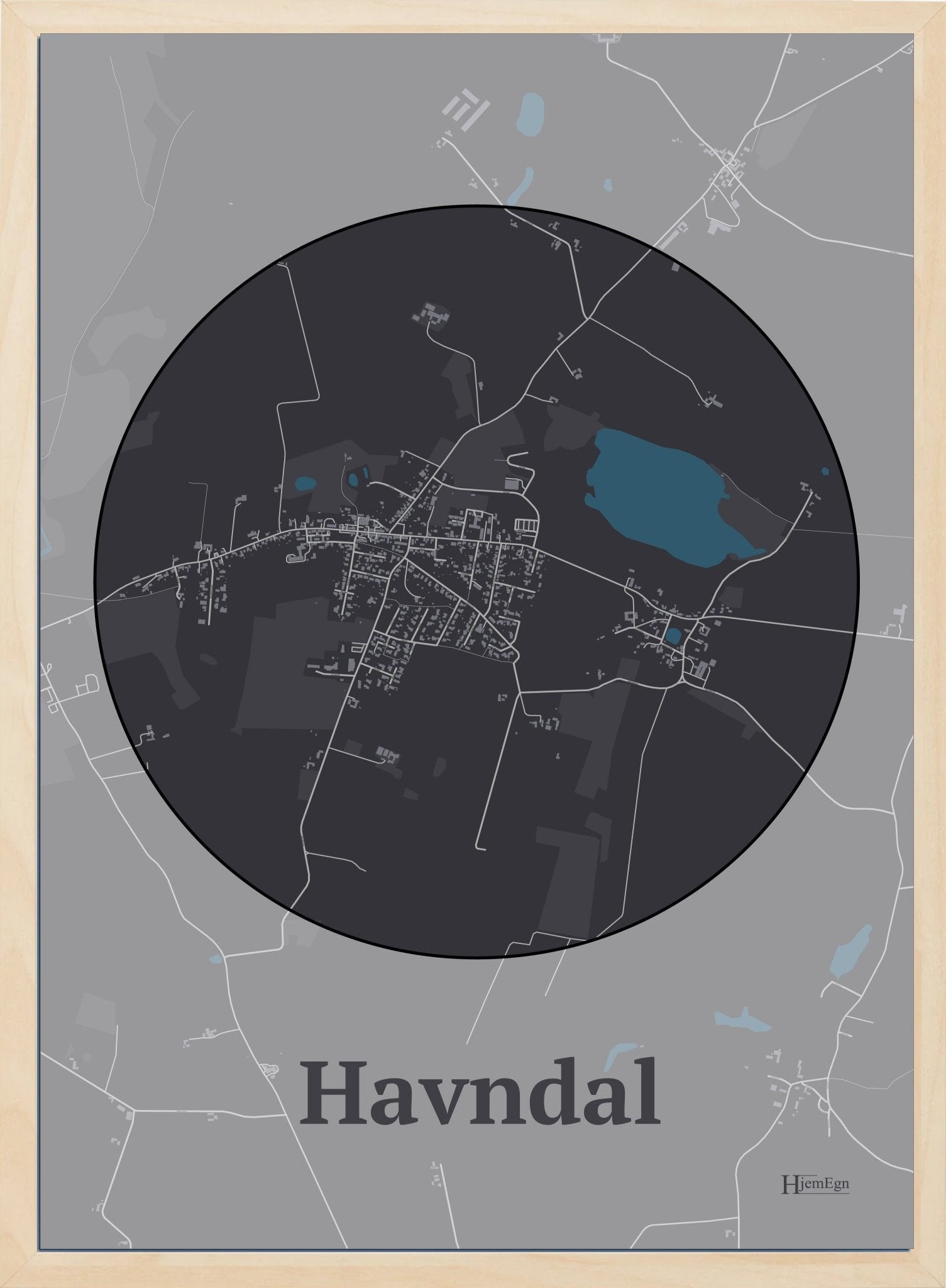 Havndal plakat i farve mørk brun og HjemEgn.dk design centrum. Design bykort for Havndal