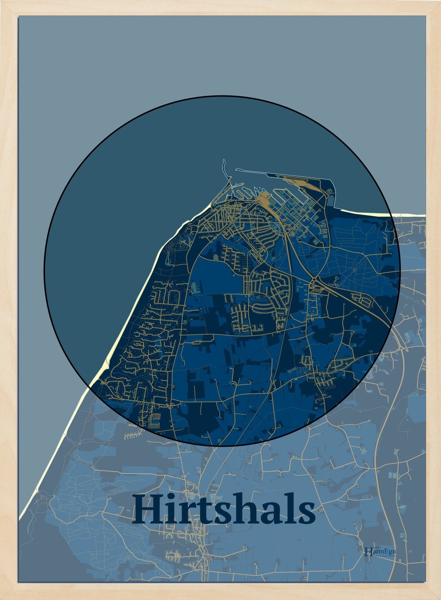 Hirtshals plakat i farve mørk blå og HjemEgn.dk design centrum. Design bykort for Hirtshals