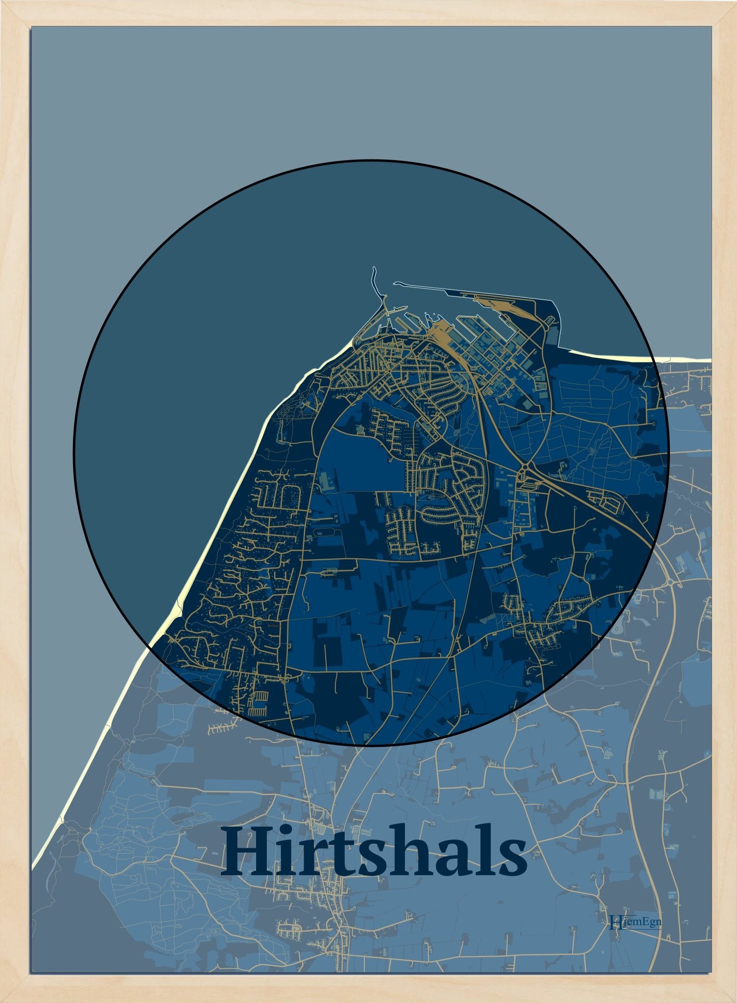 Hirtshals plakat i farve mørk blå og HjemEgn.dk design centrum. Design bykort for Hirtshals