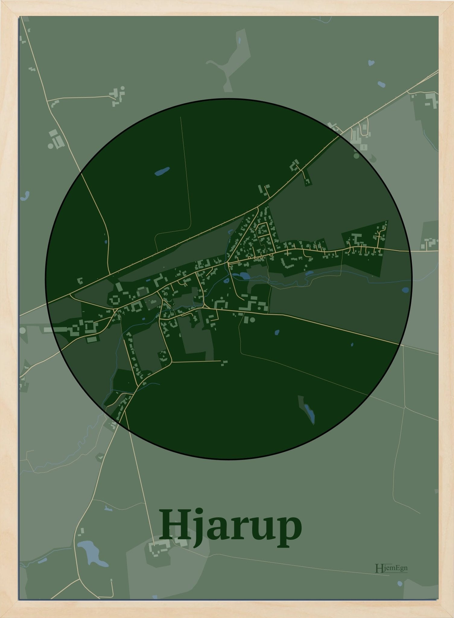 Hjarup plakat i farve mørk grøn og HjemEgn.dk design centrum. Design bykort for Hjarup