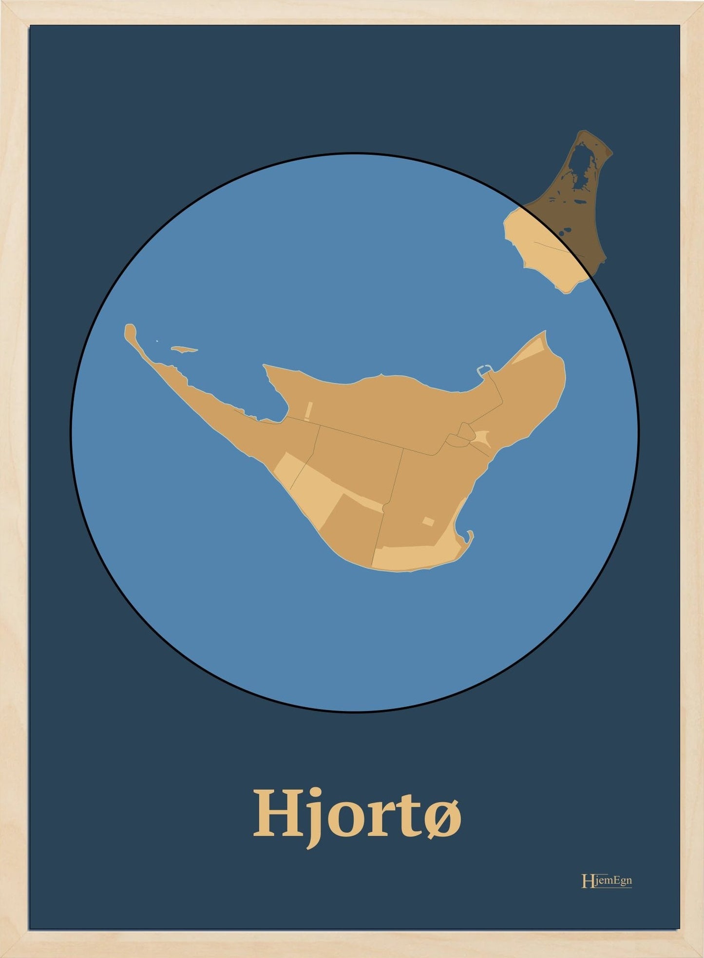 Hjortø plakat i farve pastel brun og HjemEgn.dk design centrum. Design ø-kort for Hjortø