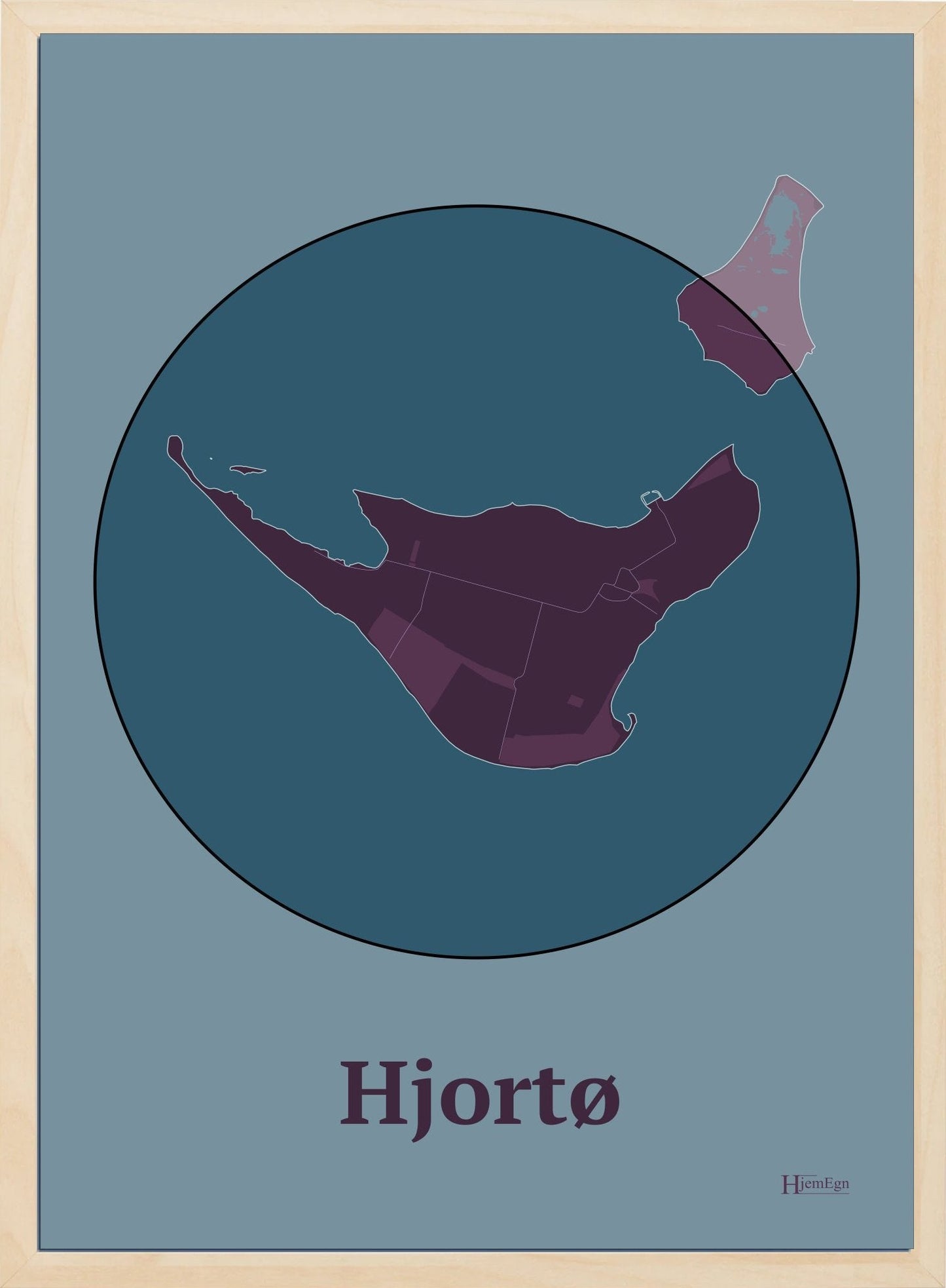 Hjortø plakat i farve mørk rød og HjemEgn.dk design centrum. Design ø-kort for Hjortø