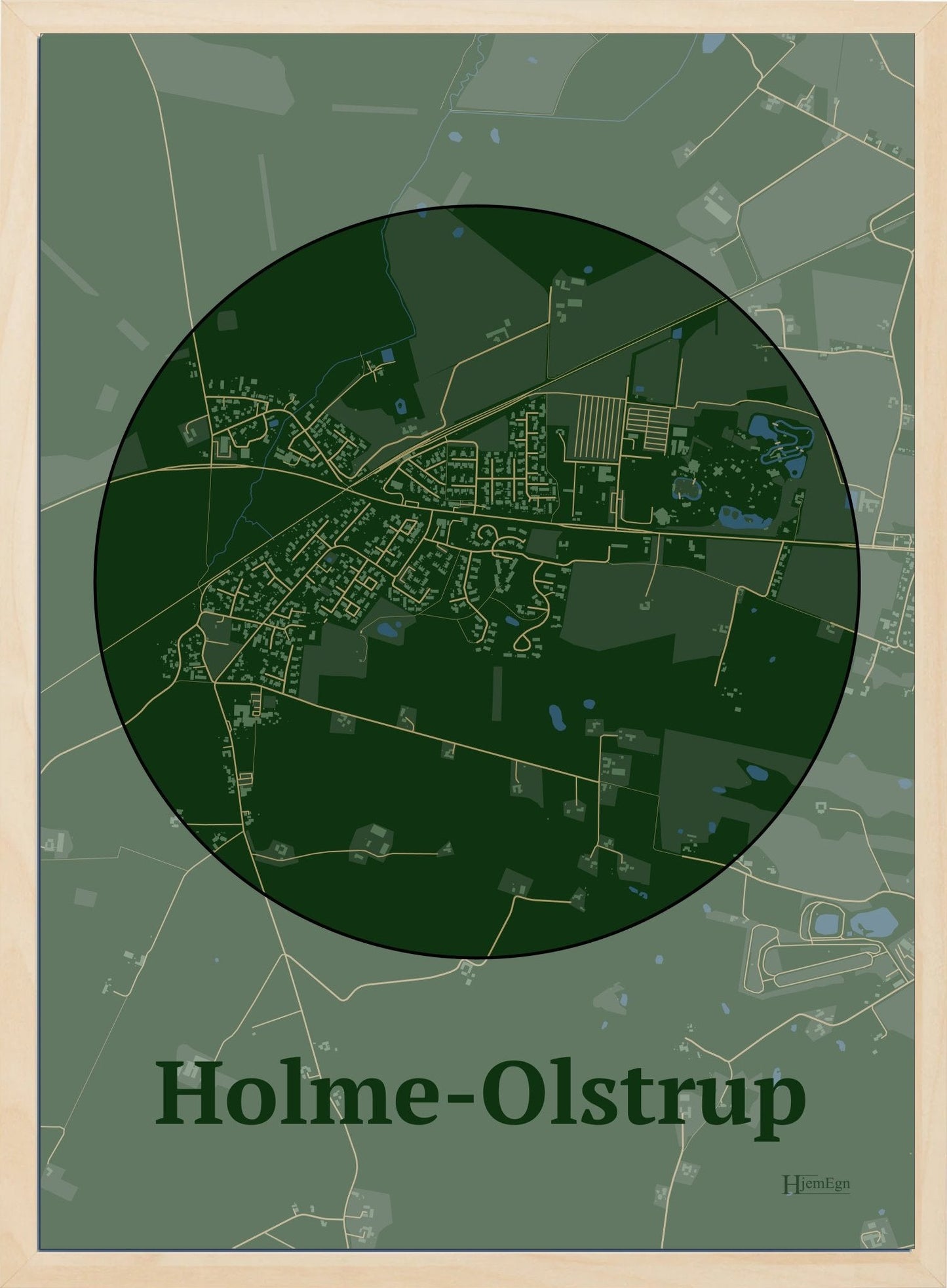 Holme-olstrup plakat i farve mørk grøn og HjemEgn.dk design centrum. Design bykort for Holme-olstrup