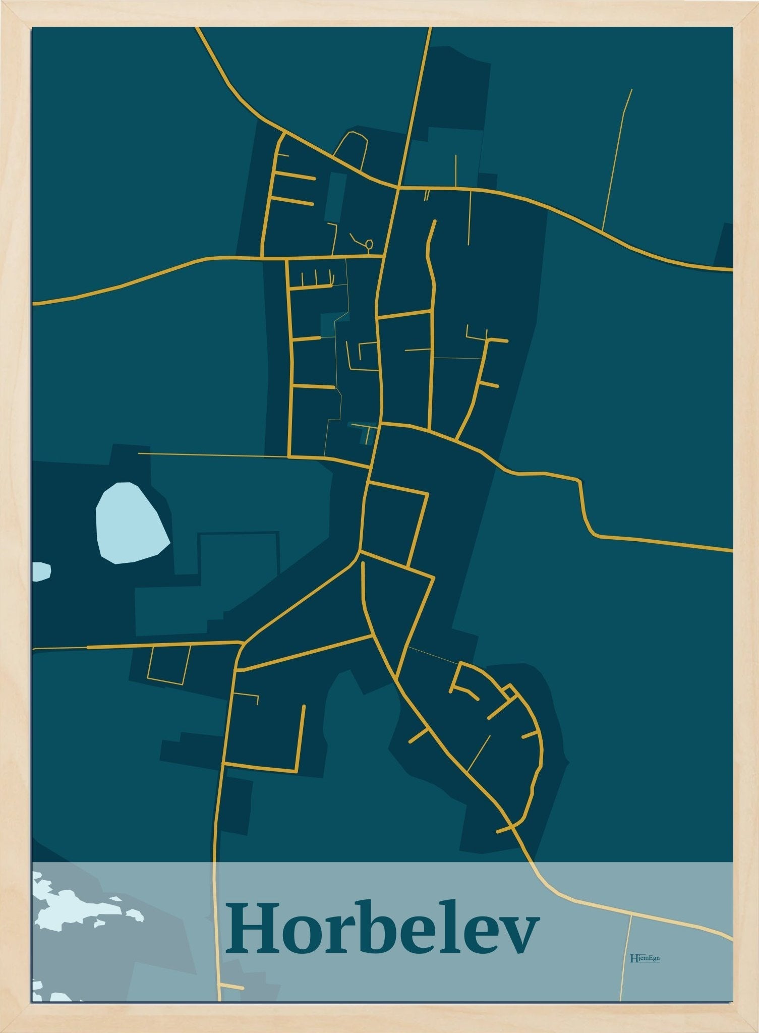 Horbelev plakat i farve mørk blå og HjemEgn.dk design firkantet. Design bykort for Horbelev