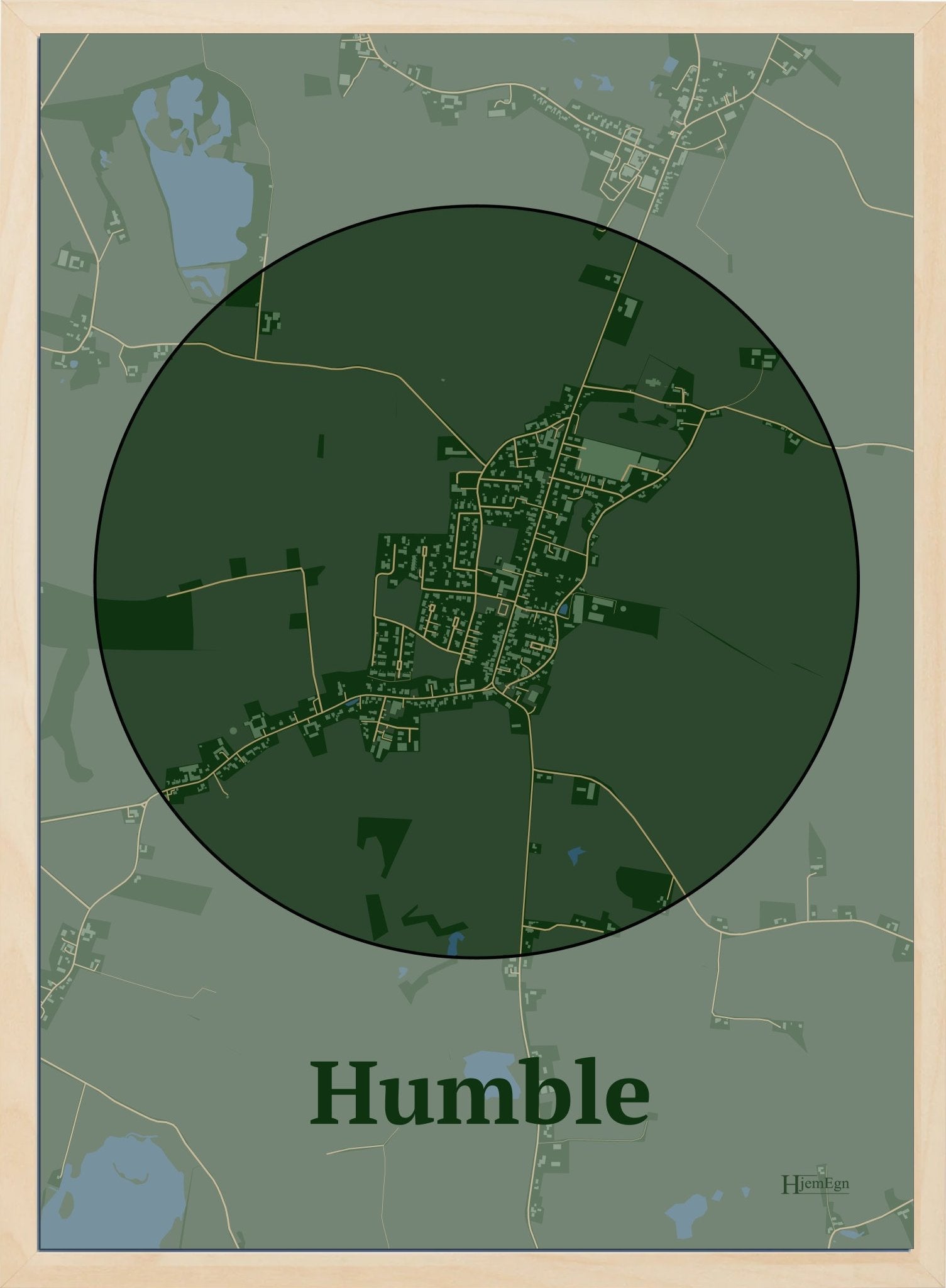 Humble plakat i farve mørk grøn og HjemEgn.dk design centrum. Design bykort for Humble