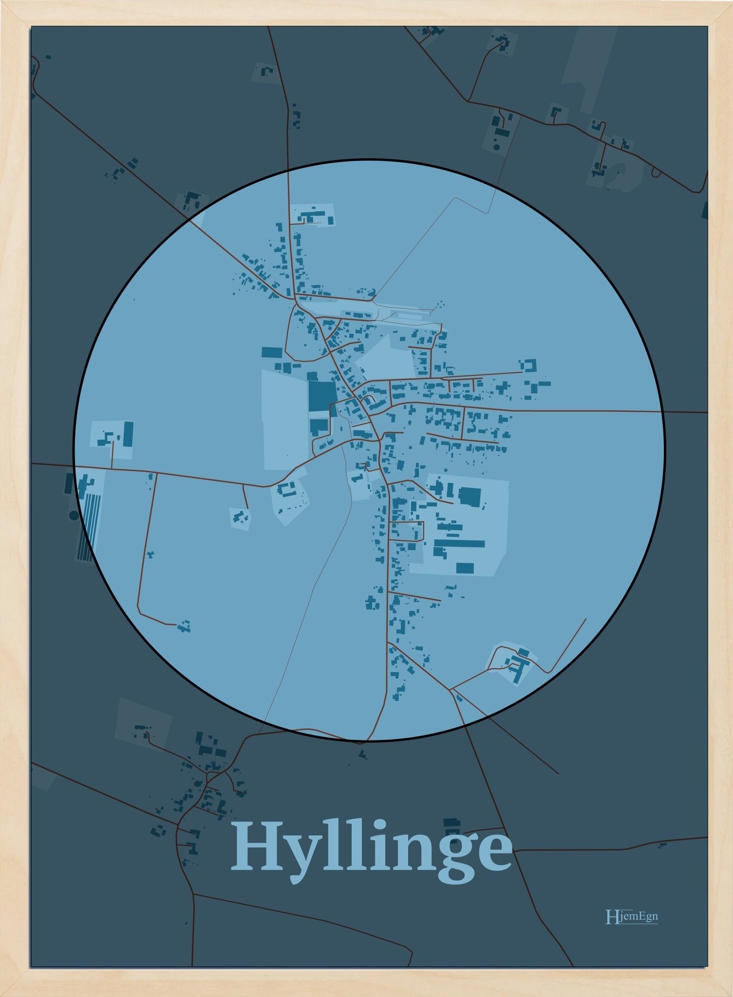 Hyllinge plakat i farve pastel blå og HjemEgn.dk design centrum. Design bykort for Hyllinge