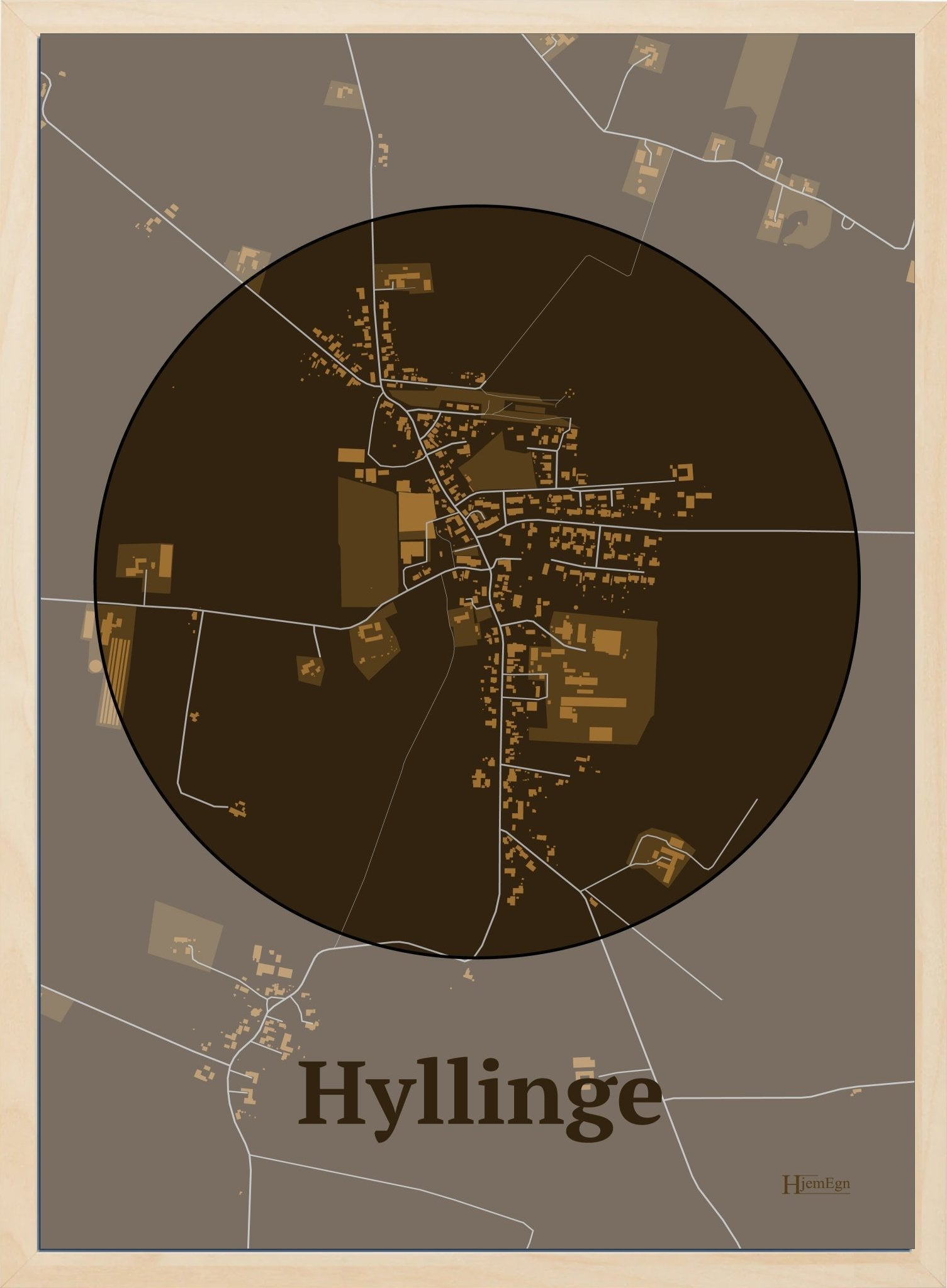 Hyllinge plakat i farve mørk brun og HjemEgn.dk design centrum. Design bykort for Hyllinge
