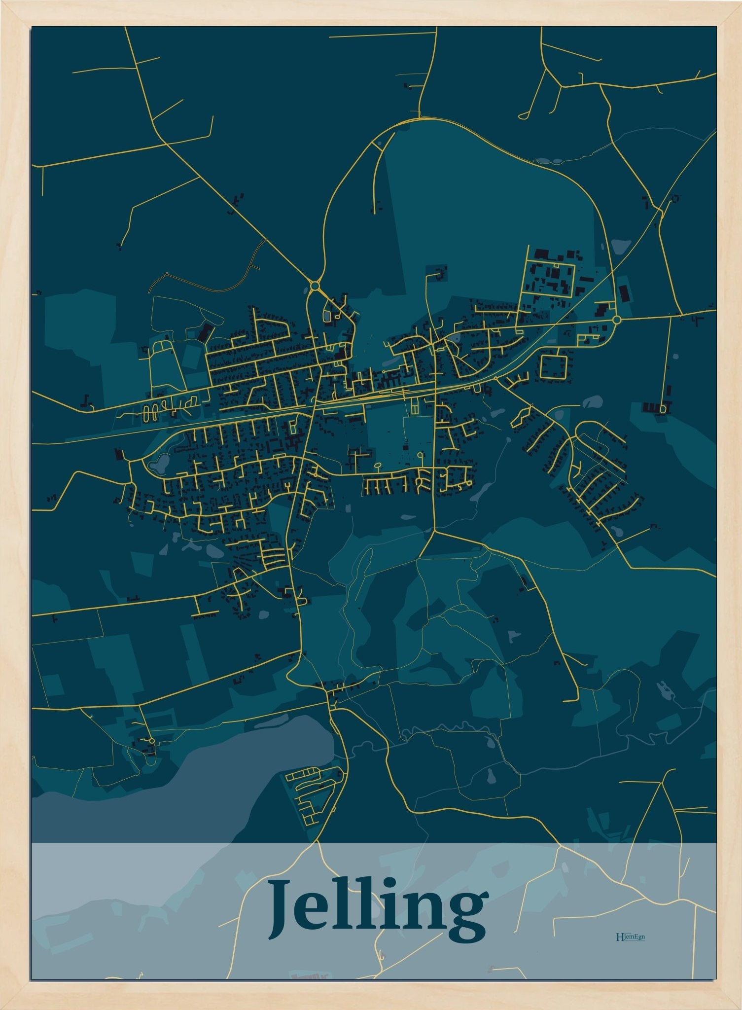Jelling plakat i farve mørk blå og HjemEgn.dk design firkantet. Design bykort for Jelling