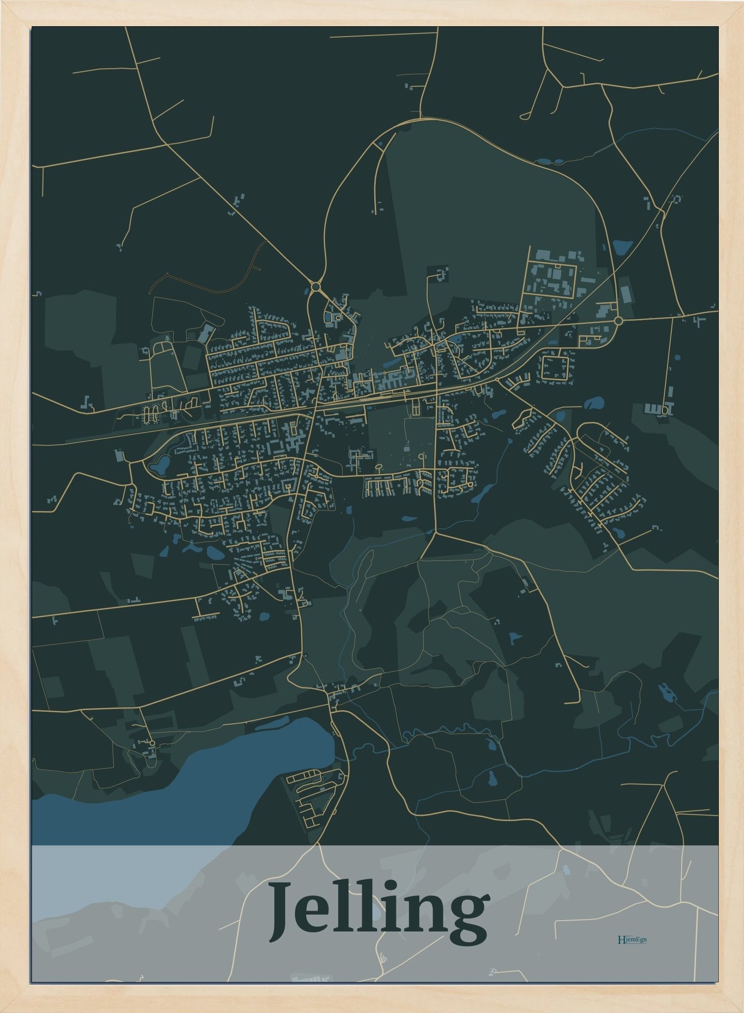 Jelling plakat i farve mørk grøn og HjemEgn.dk design firkantet. Design bykort for Jelling