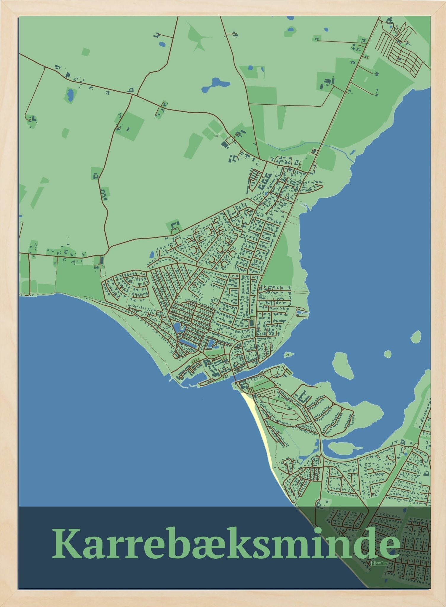 Karrebæksminde plakat i farve pastel grøn og HjemEgn.dk design firkantet. Design bykort for Karrebæksminde