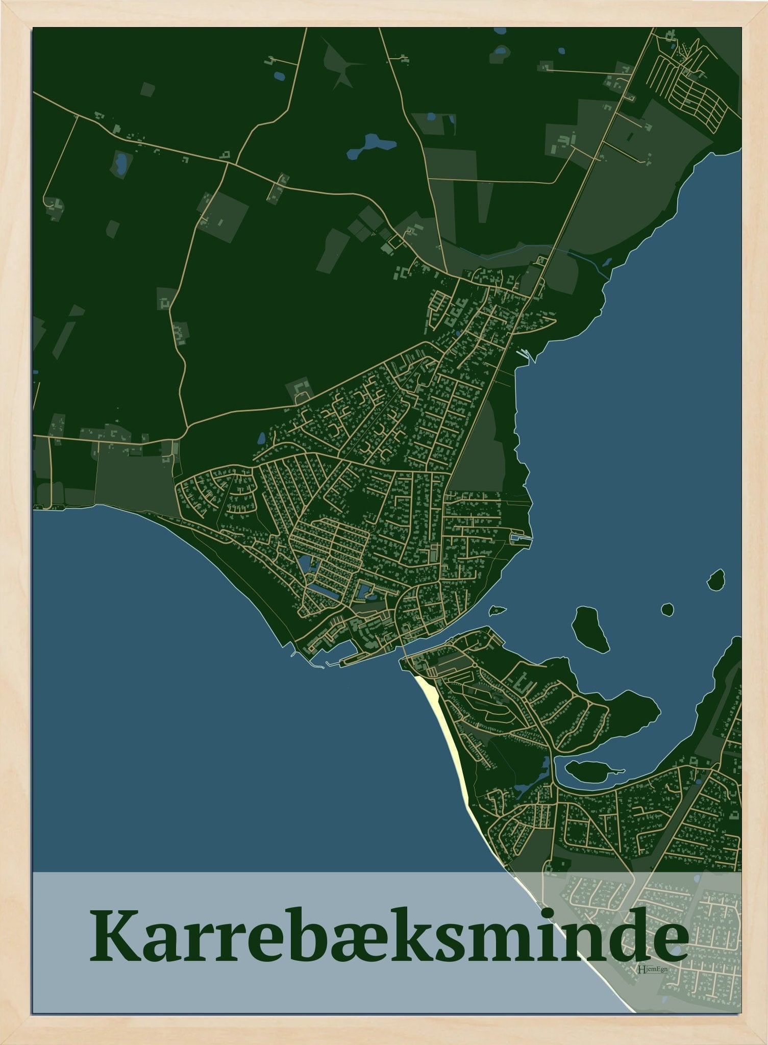 Karrebæksminde plakat i farve mørk grøn og HjemEgn.dk design firkantet. Design bykort for Karrebæksminde