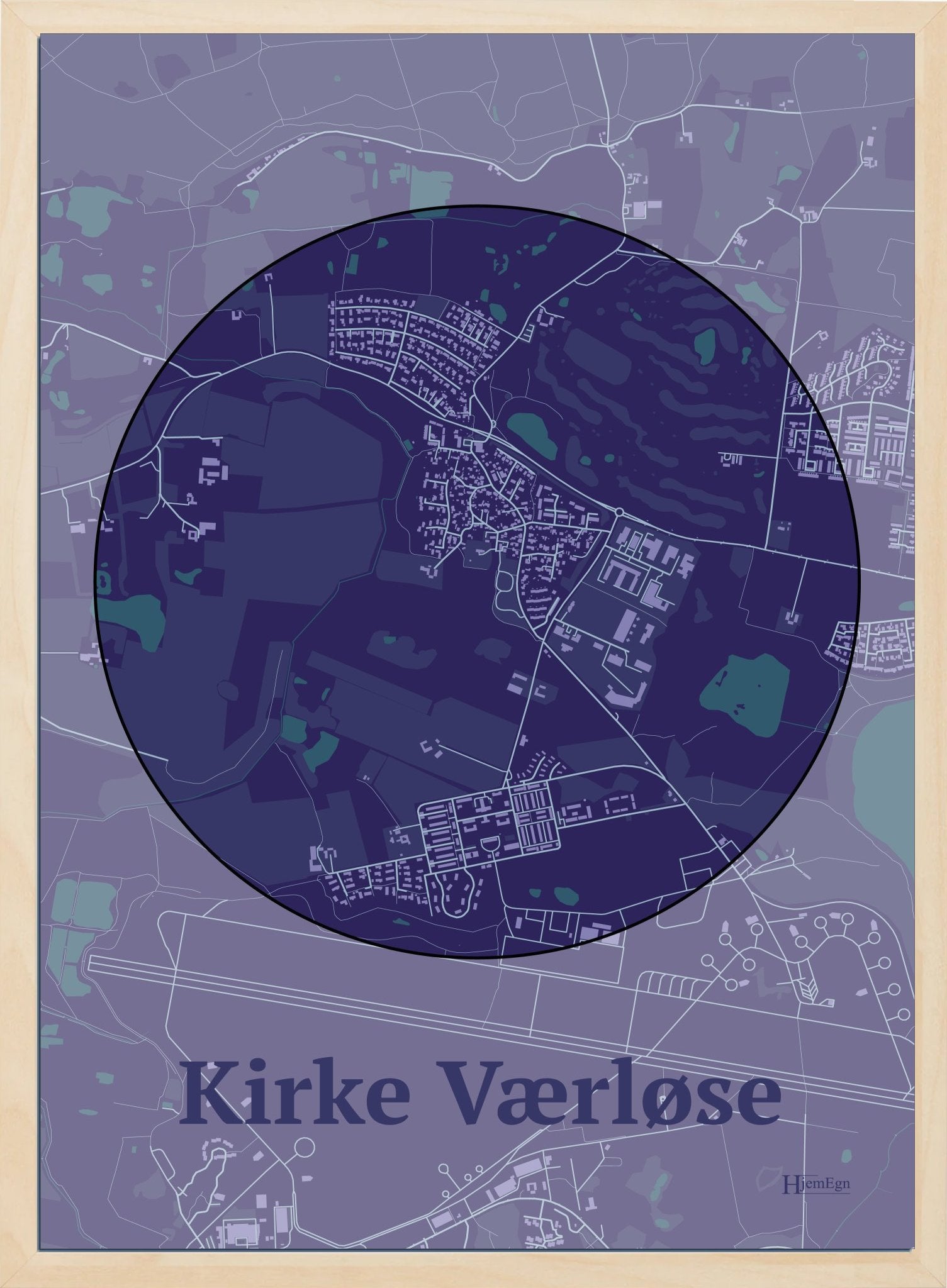 Kirke Værløse plakat i farve mørk lilla og HjemEgn.dk design centrum. Design bykort for Kirke Værløse