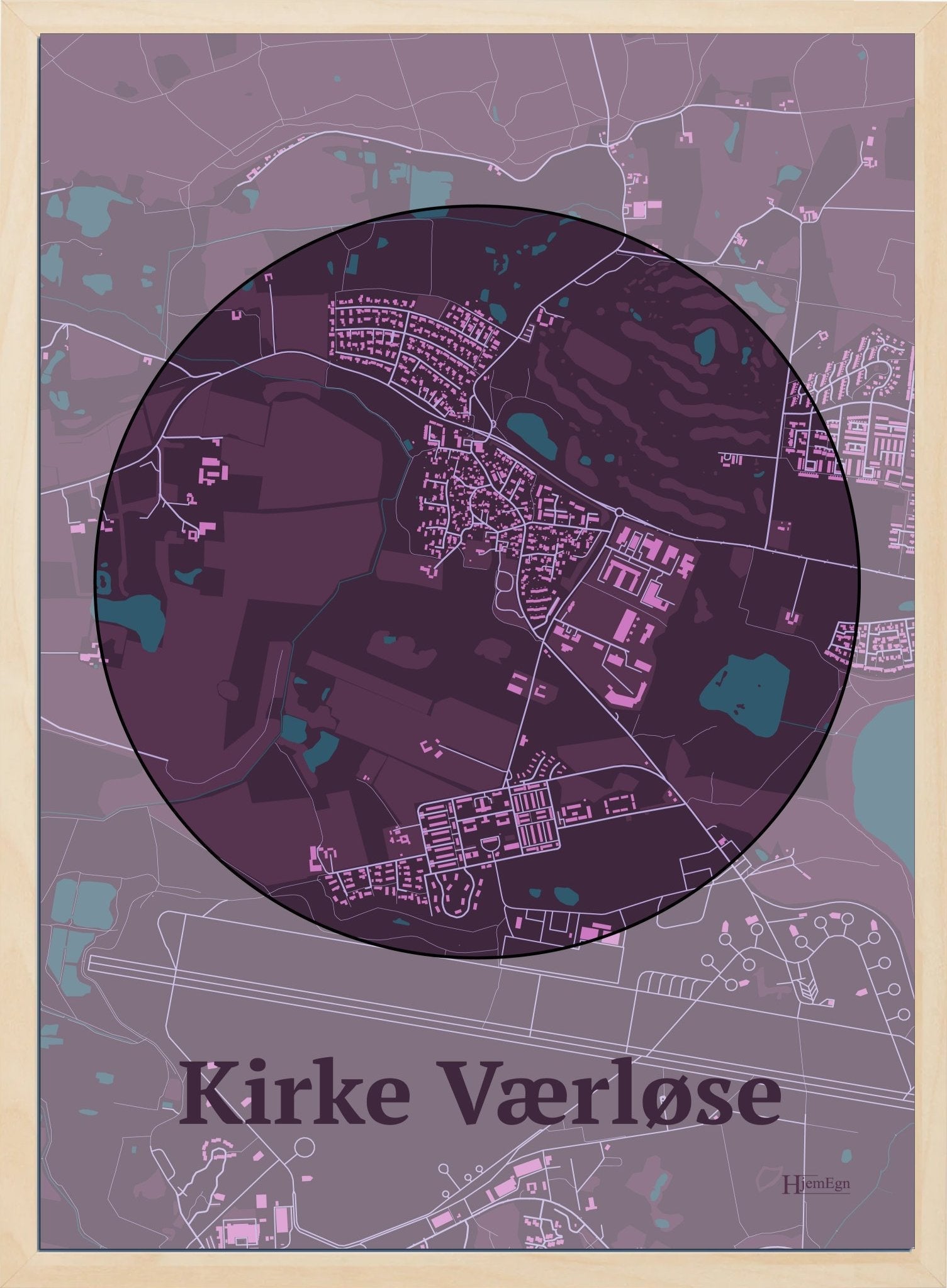Kirke Værløse plakat i farve mørk rød og HjemEgn.dk design centrum. Design bykort for Kirke Værløse