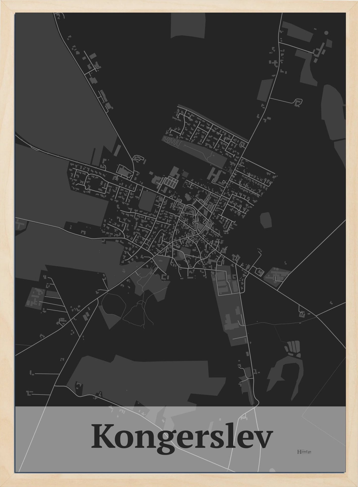 Kongerslev plakat i farve mørk grå og HjemEgn.dk design firkantet. Design bykort for Kongerslev