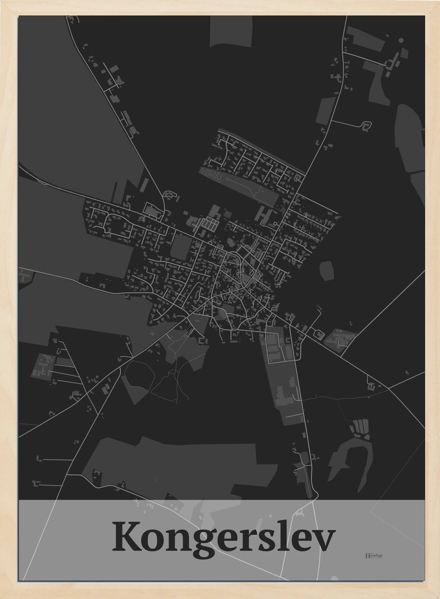 Kongerslev plakat i farve mørk grå og HjemEgn.dk design firkantet. Design bykort for Kongerslev