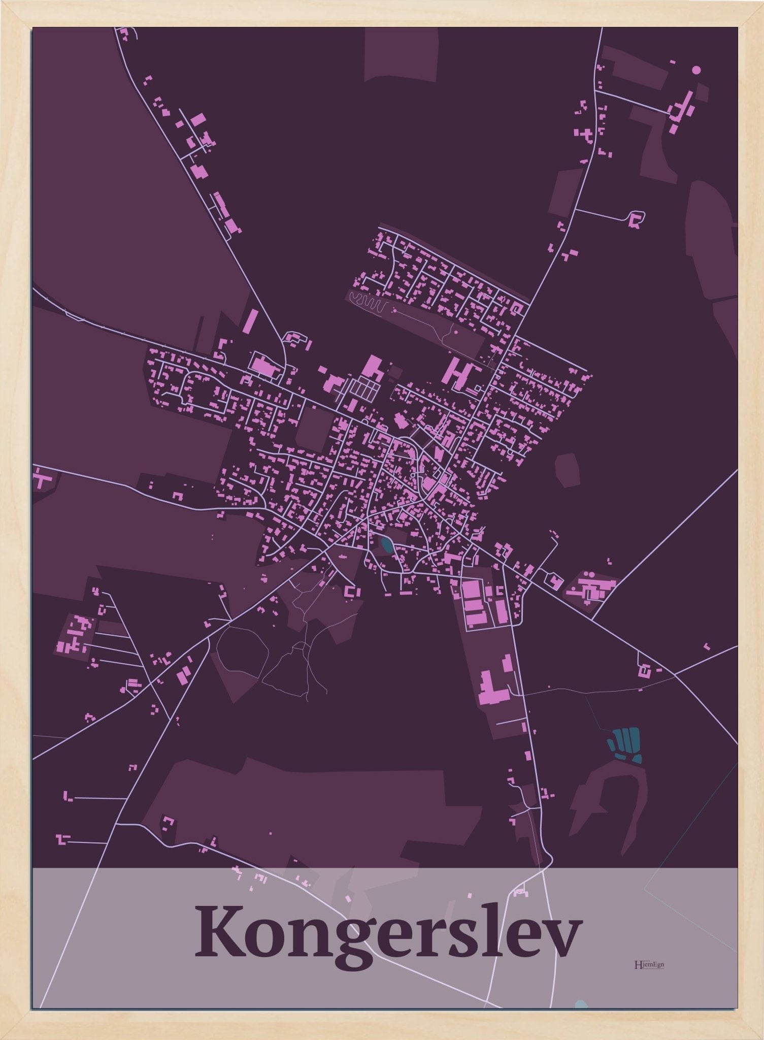 Kongerslev plakat i farve mørk rød og HjemEgn.dk design firkantet. Design bykort for Kongerslev