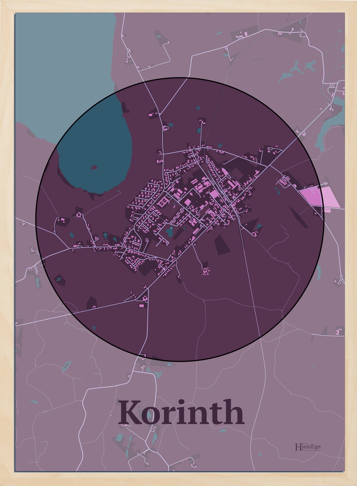 Korinth plakat i farve mørk rød og HjemEgn.dk design centrum. Design bykort for Korinth