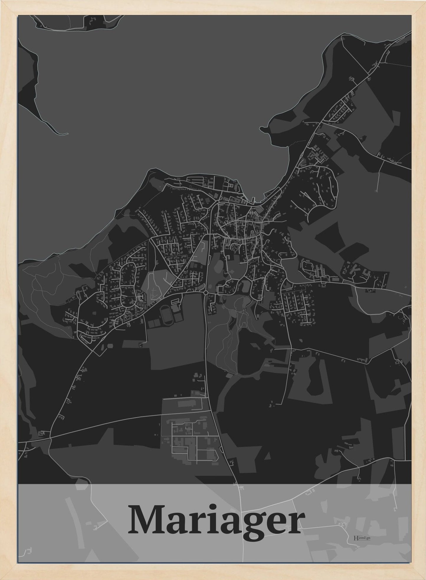 Mariager plakat i farve mørk grå og HjemEgn.dk design firkantet. Design bykort for Mariager
