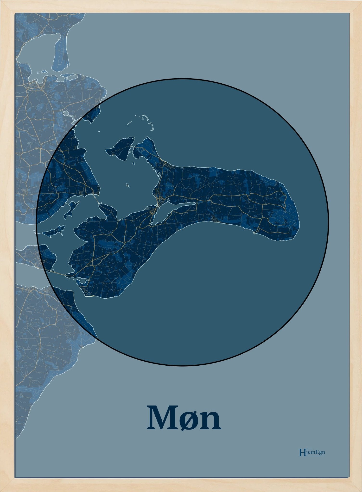 Møn plakat i farve mørk blå og HjemEgn.dk design centrum. Design ø-kort for Møn