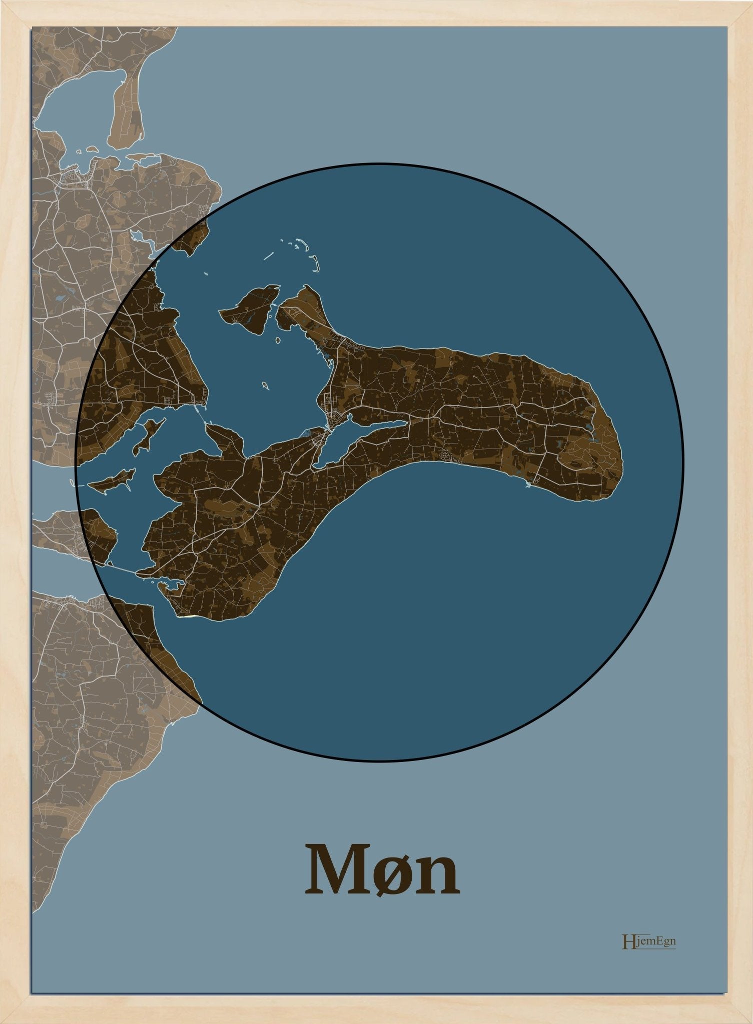 Møn plakat i farve mørk brun og HjemEgn.dk design centrum. Design ø-kort for Møn