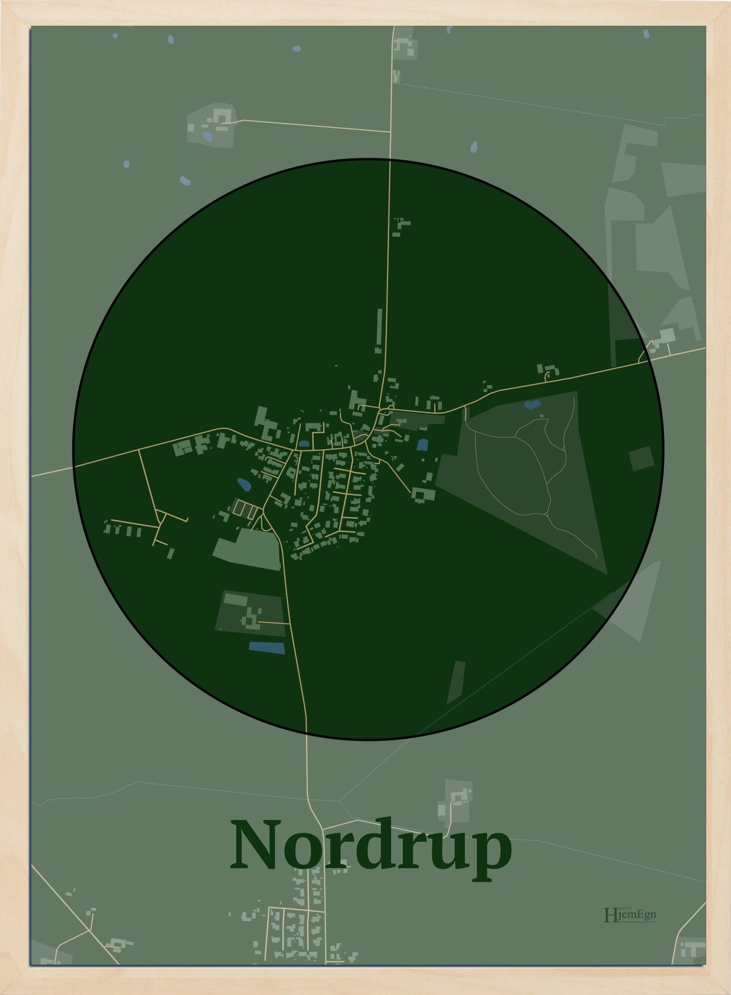 Nordrup plakat i farve mørk grøn og HjemEgn.dk design centrum. Design bykort for Nordrup