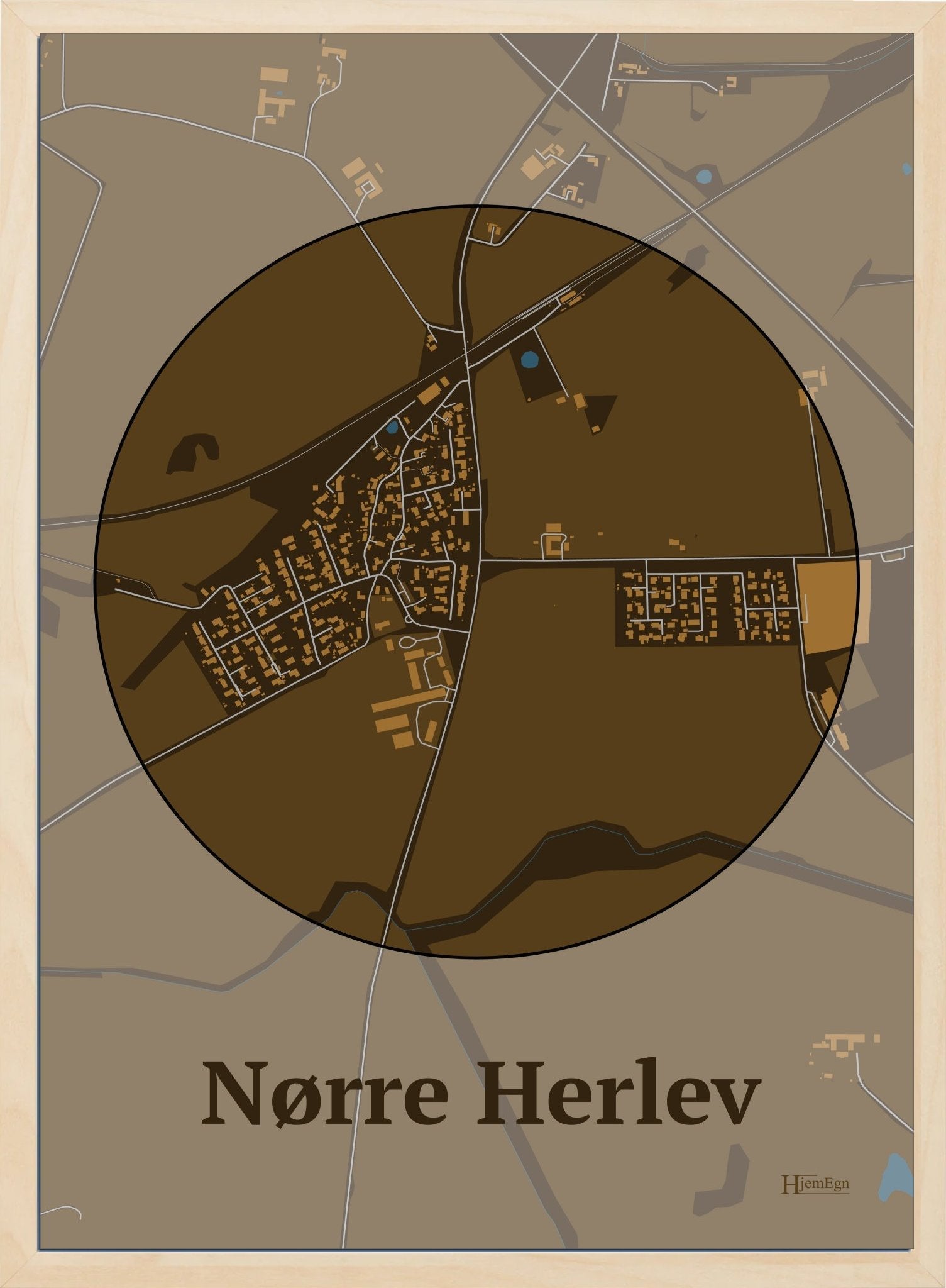 Nørre Herlev plakat i farve mørk brun og HjemEgn.dk design centrum. Design bykort for Nørre Herlev