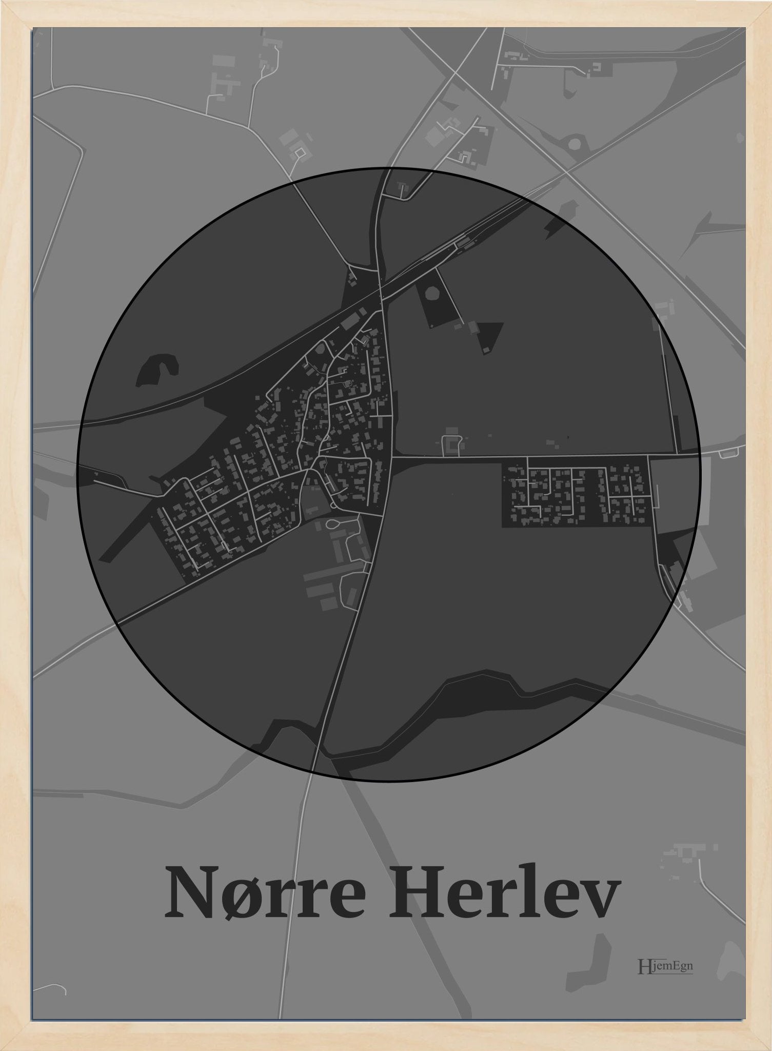 Nørre Herlev plakat i farve mørk grå og HjemEgn.dk design centrum. Design bykort for Nørre Herlev