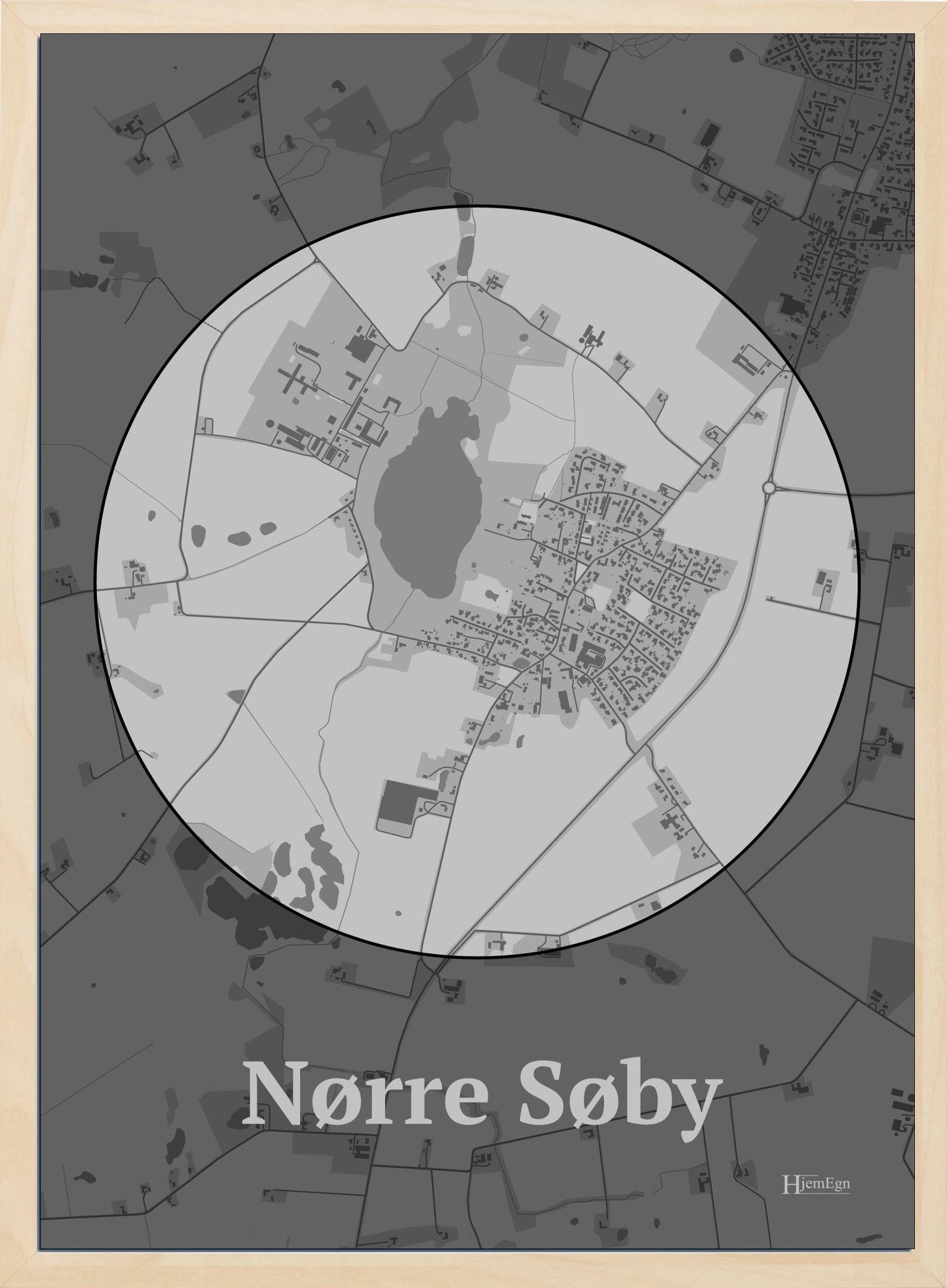 Nørre Søby plakat i farve pastel grå og HjemEgn.dk design centrum. Design bykort for Nørre Søby