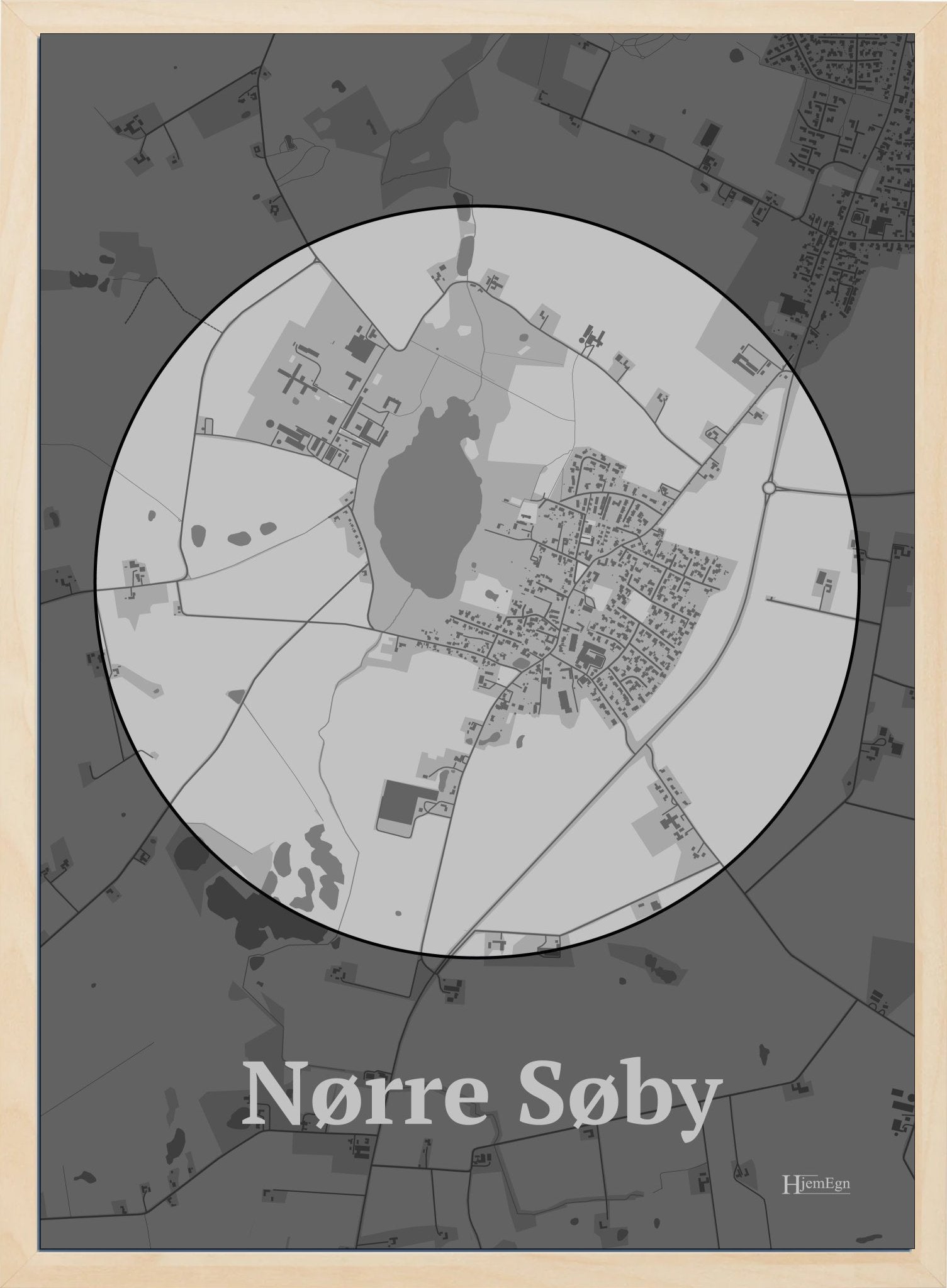 Nørre Søby plakat i farve pastel grå og HjemEgn.dk design centrum. Design bykort for Nørre Søby