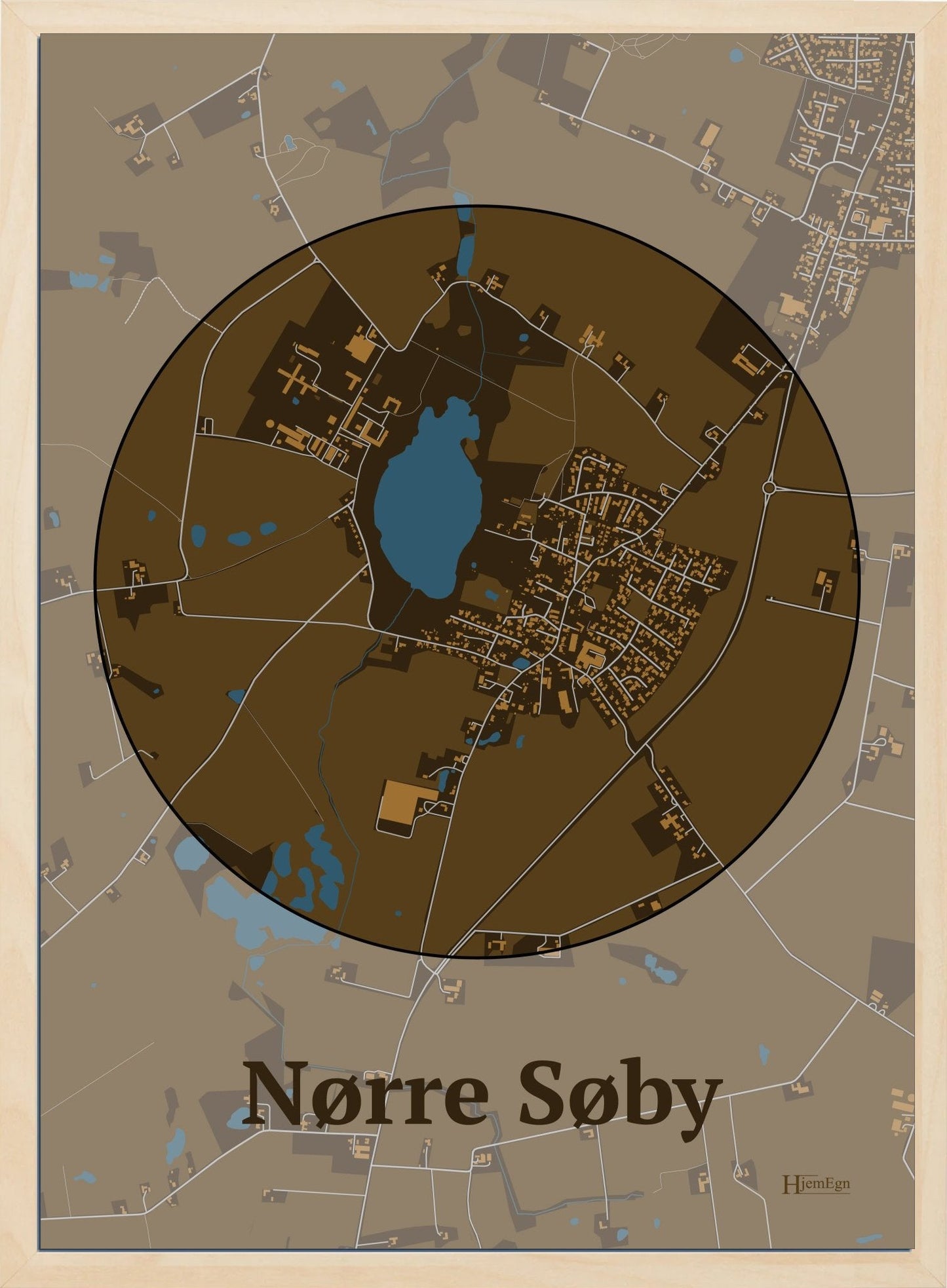 Nørre Søby plakat i farve mørk brun og HjemEgn.dk design centrum. Design bykort for Nørre Søby