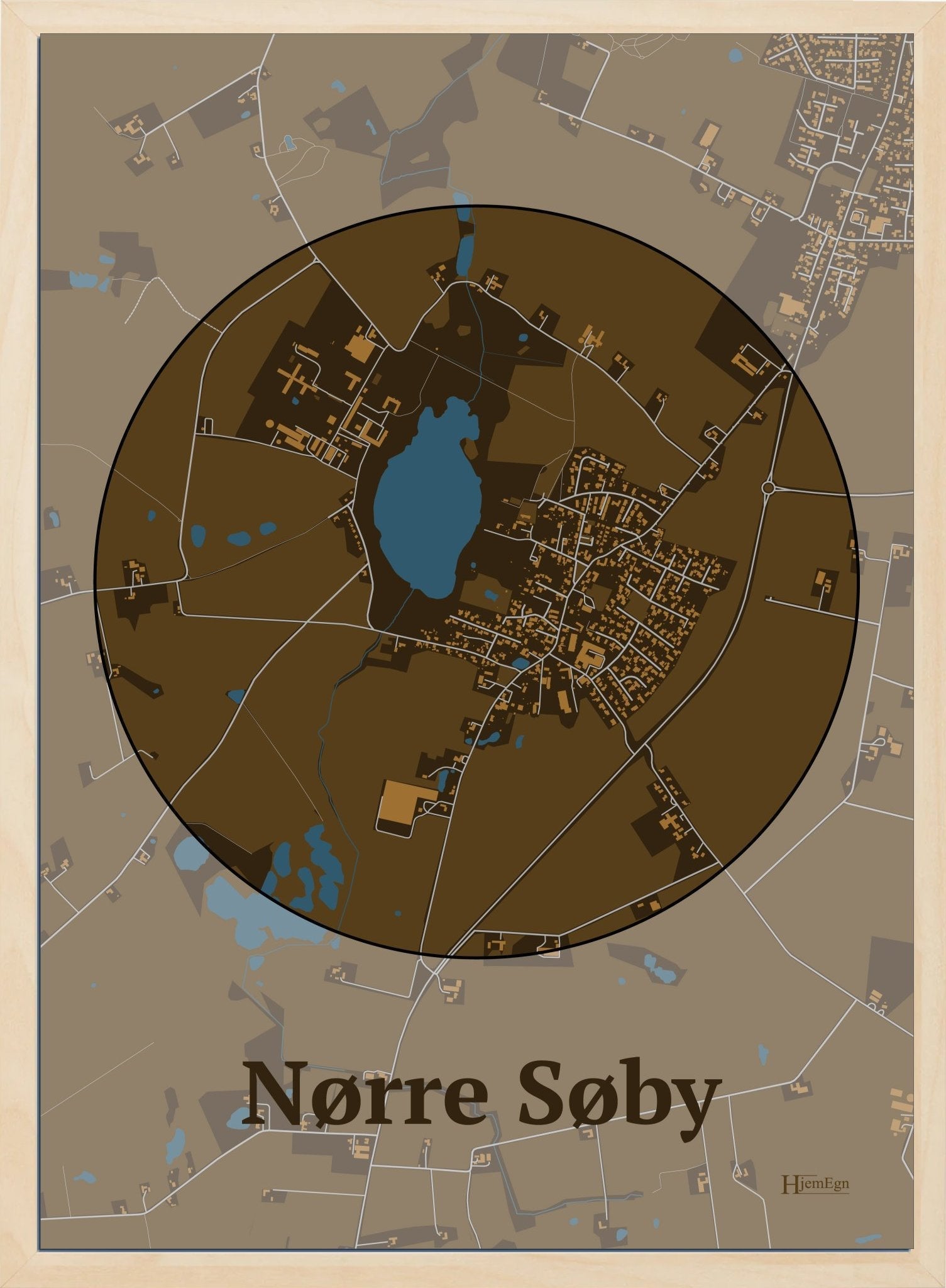 Nørre Søby plakat i farve mørk brun og HjemEgn.dk design centrum. Design bykort for Nørre Søby
