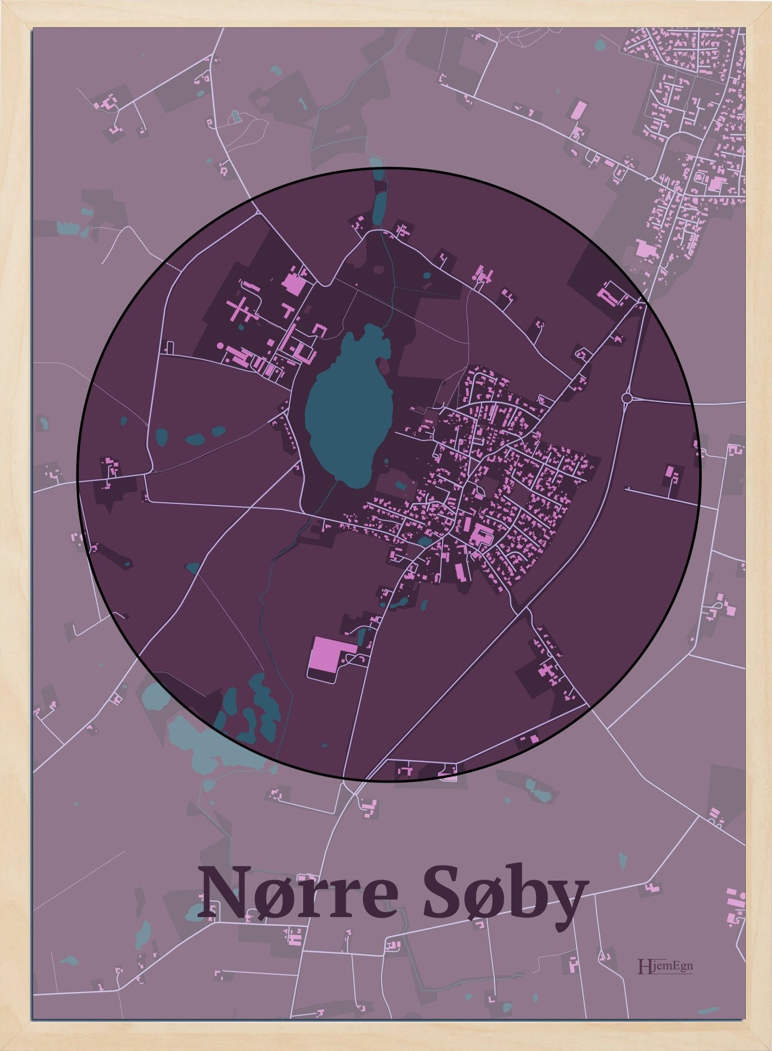 Nørre Søby plakat i farve mørk rød og HjemEgn.dk design centrum. Design bykort for Nørre Søby