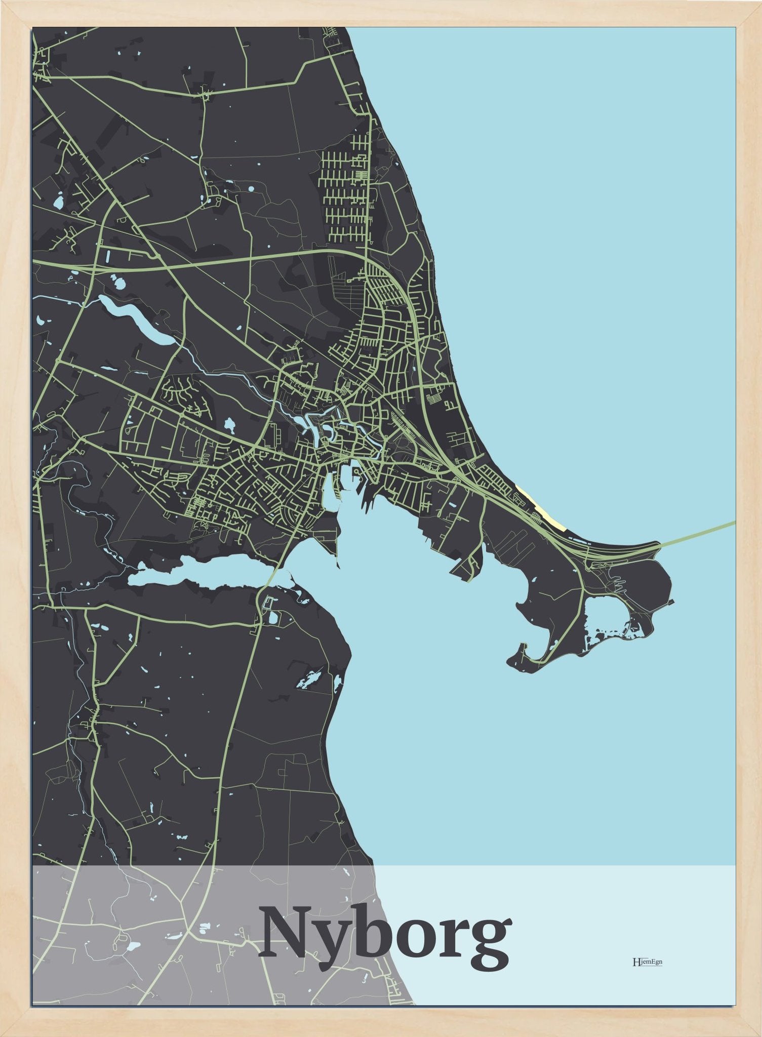 Nyborg plakat i farve mørk brun og HjemEgn.dk design firkantet. Design bykort for Nyborg