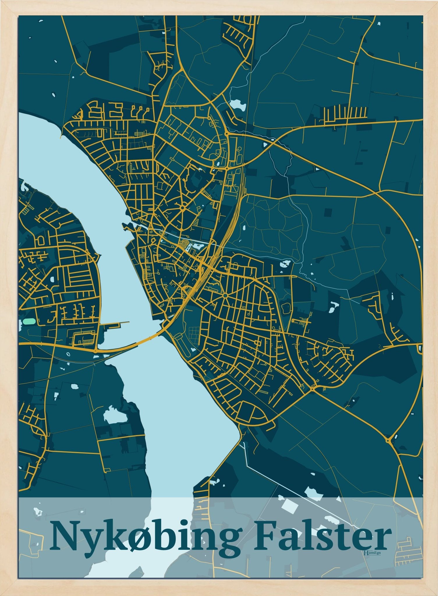 Nykøbing Falster plakat i farve mørk blå og HjemEgn.dk design firkantet. Design bykort for Nykøbing Falster