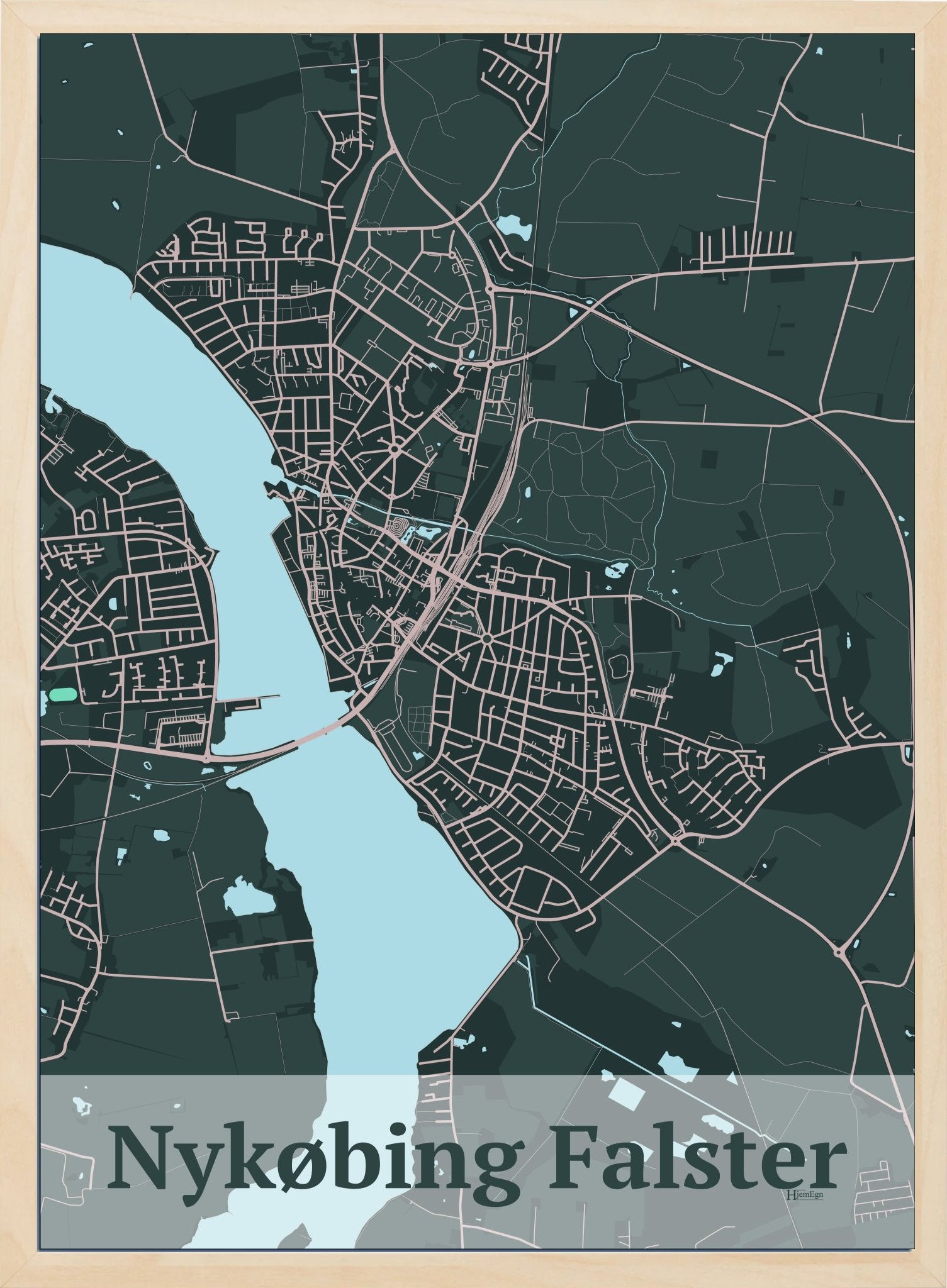 Nykøbing Falster plakat i farve mørk grøn og HjemEgn.dk design firkantet. Design bykort for Nykøbing Falster