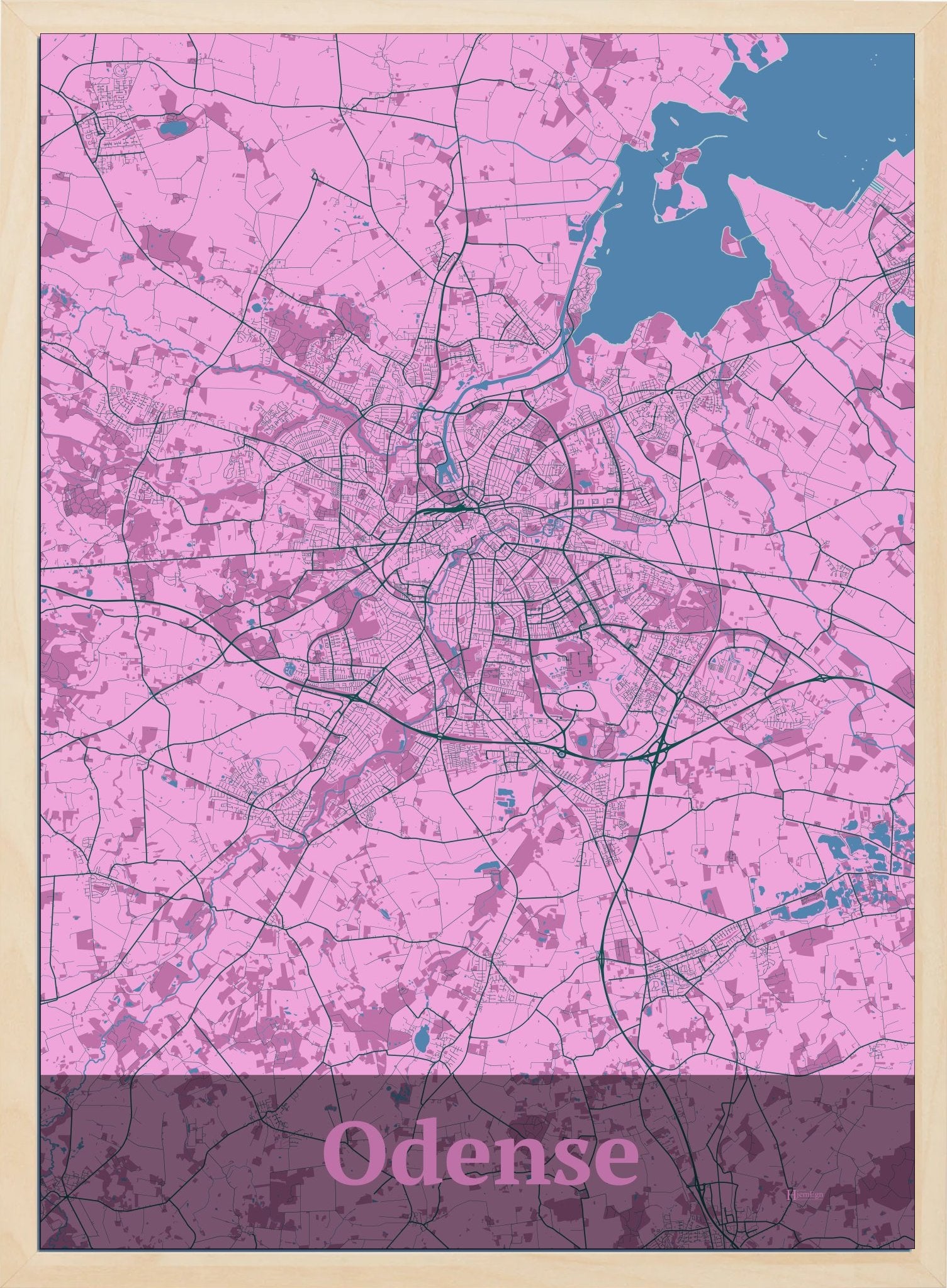 Odense plakat i  pastel rød og HjemEgn.dk design firkantet. Design bykort for Odense