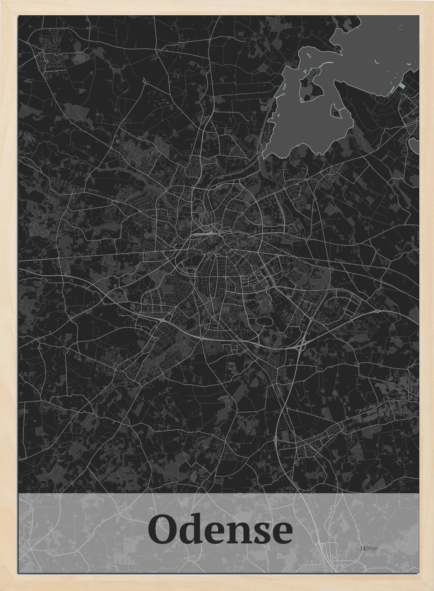 Odense plakat i  mørk grå og HjemEgn.dk design firkantet. Design bykort for Odense