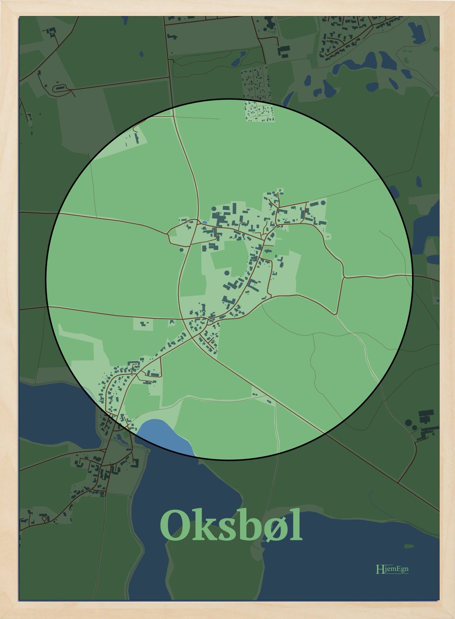 Oksbøl plakat i farve pastel grøn og HjemEgn.dk design centrum. Design bykort for Oksbøl