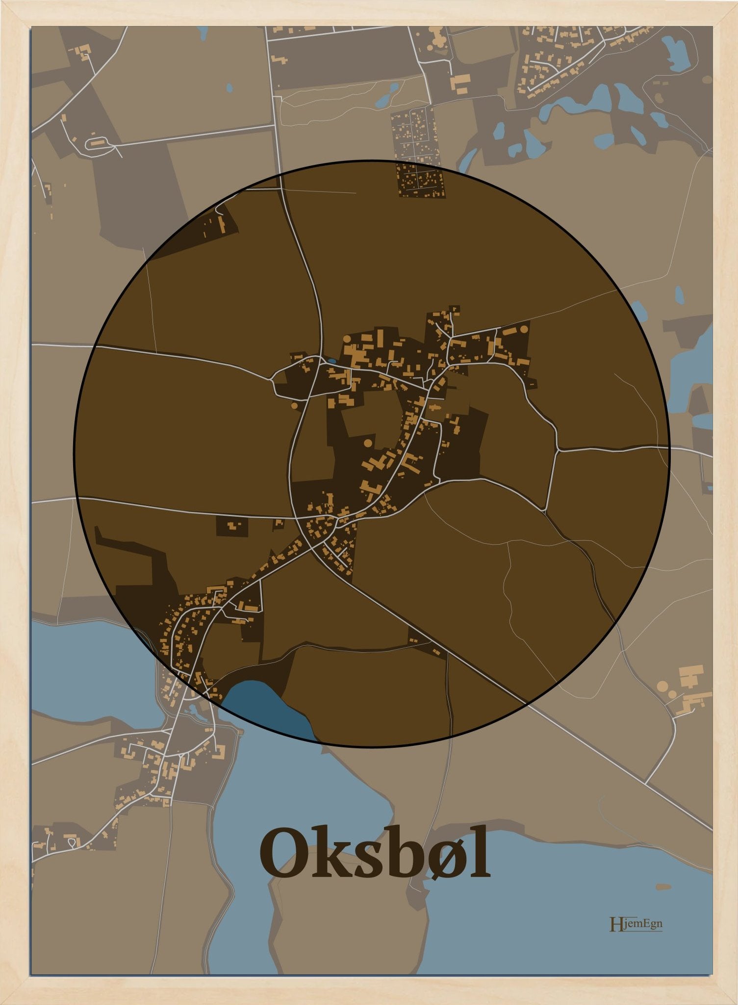 Oksbøl plakat i farve mørk brun og HjemEgn.dk design centrum. Design bykort for Oksbøl