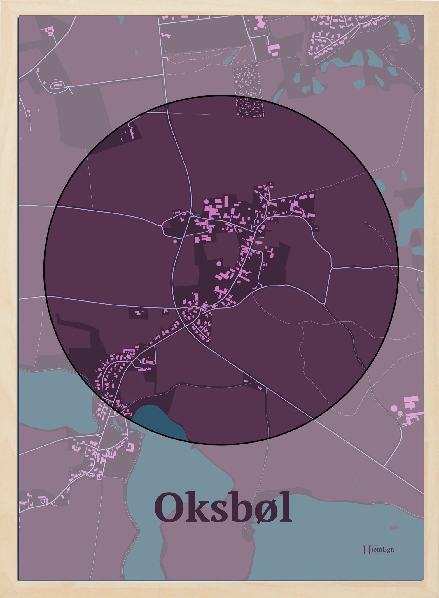 Oksbøl plakat i farve mørk rød og HjemEgn.dk design centrum. Design bykort for Oksbøl