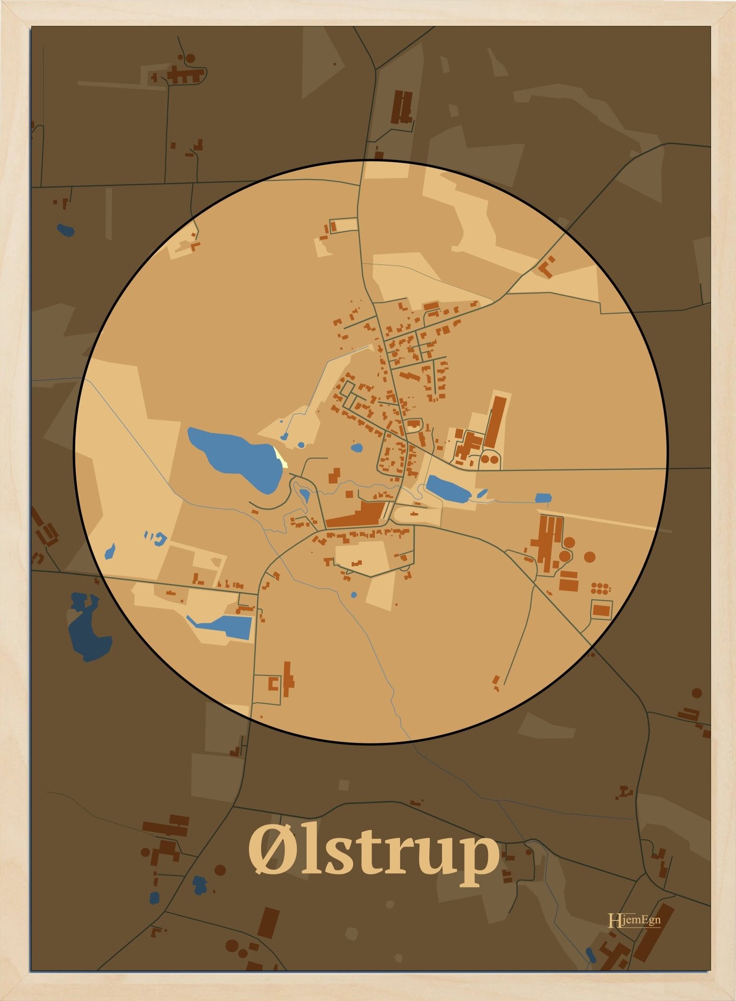 Ølstrup plakat i farve pastel brun og HjemEgn.dk design centrum. Design bykort for Ølstrup