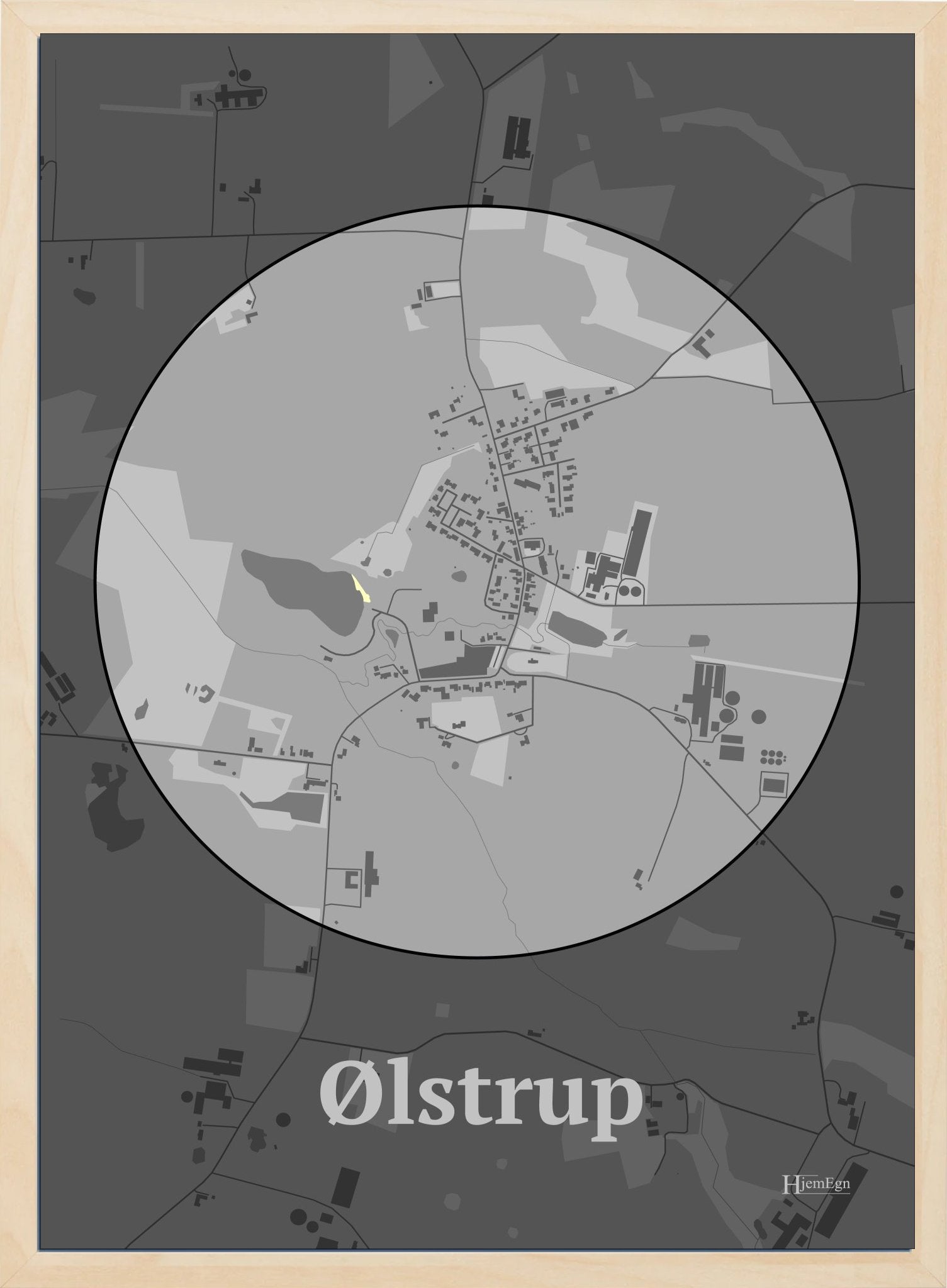 Ølstrup plakat i farve pastel grå og HjemEgn.dk design centrum. Design bykort for Ølstrup