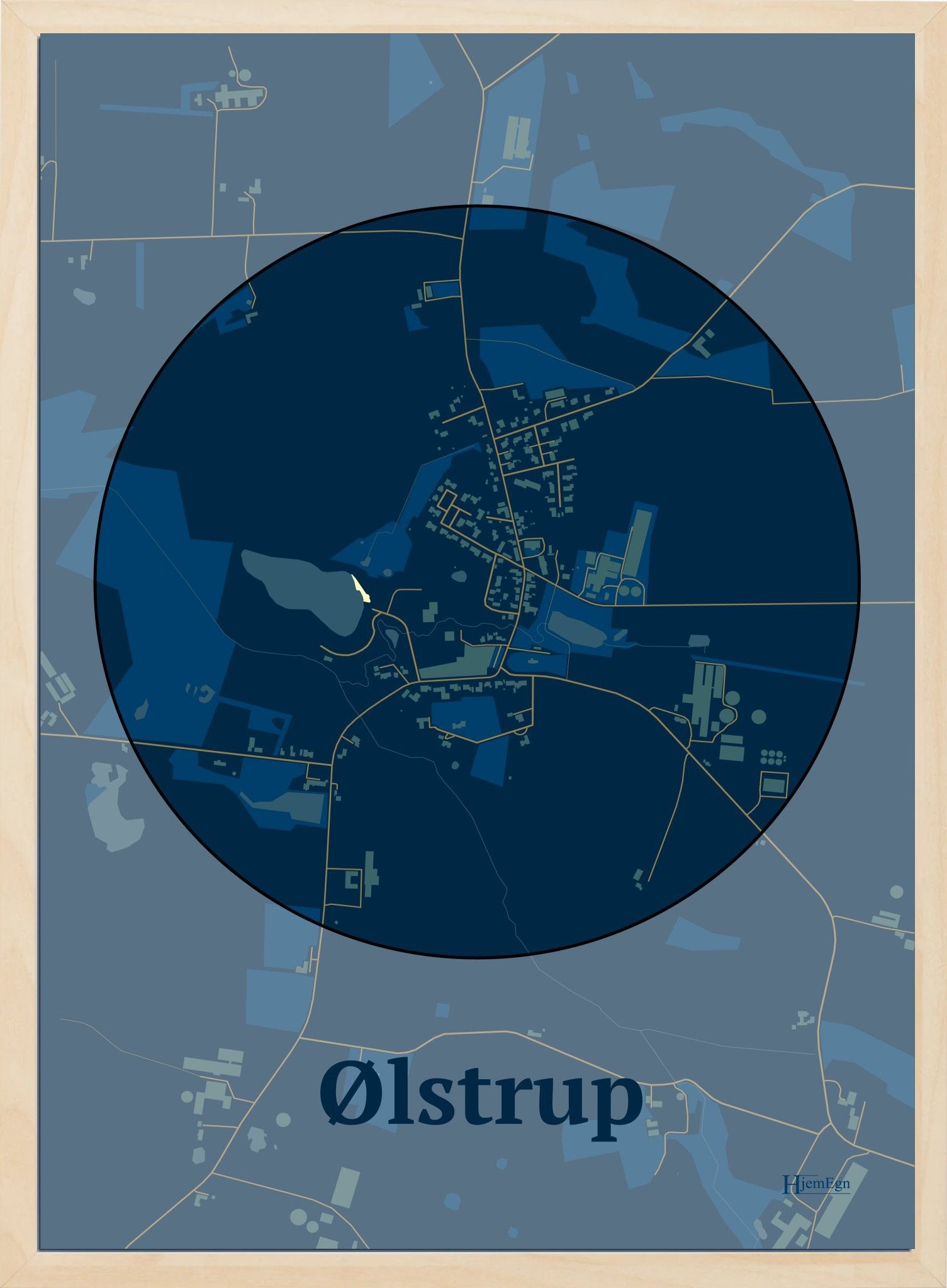 Ølstrup plakat i farve mørk blå og HjemEgn.dk design centrum. Design bykort for Ølstrup