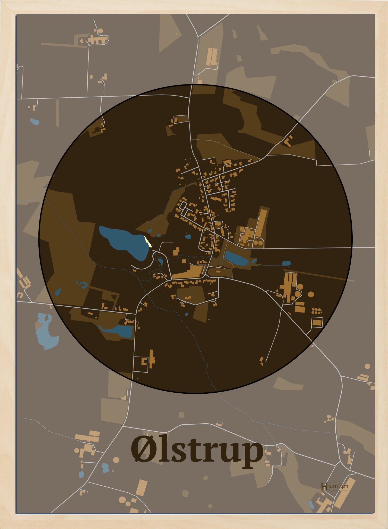 Ølstrup plakat i farve mørk brun og HjemEgn.dk design centrum. Design bykort for Ølstrup