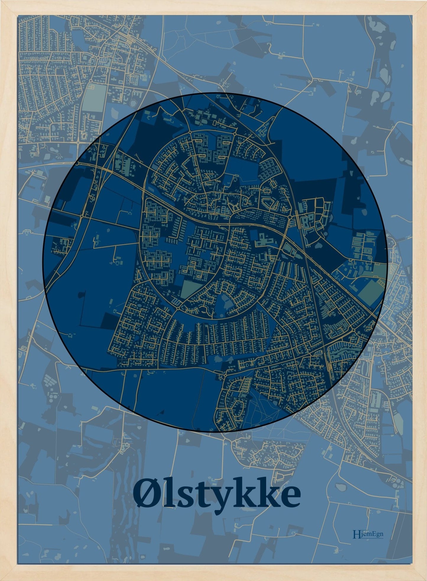 Ølstykke plakat i farve mørk blå og HjemEgn.dk design centrum. Design bykort for Ølstykke