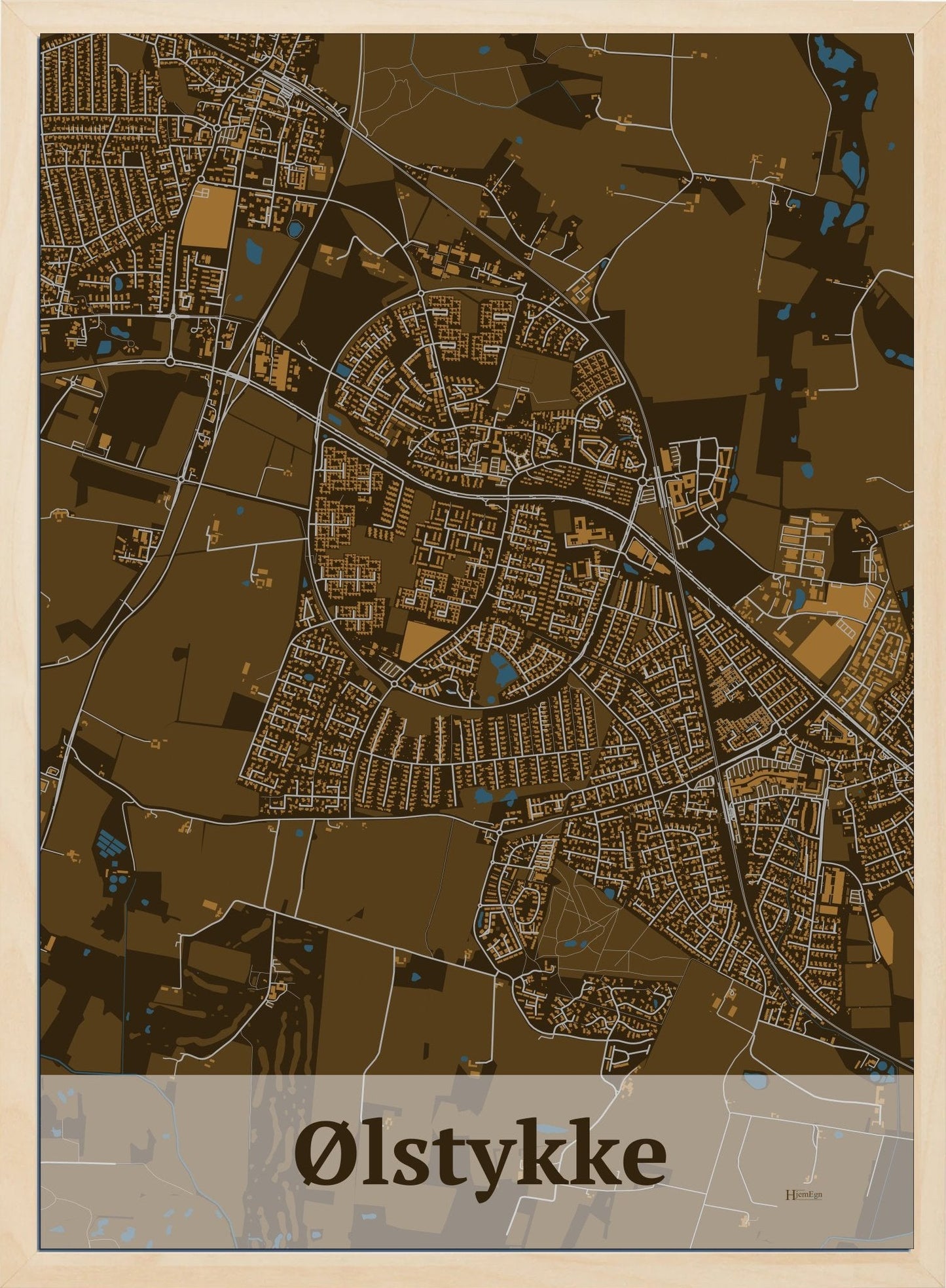 Ølstykke plakat i farve mørk brun og HjemEgn.dk design firkantet. Design bykort for Ølstykke