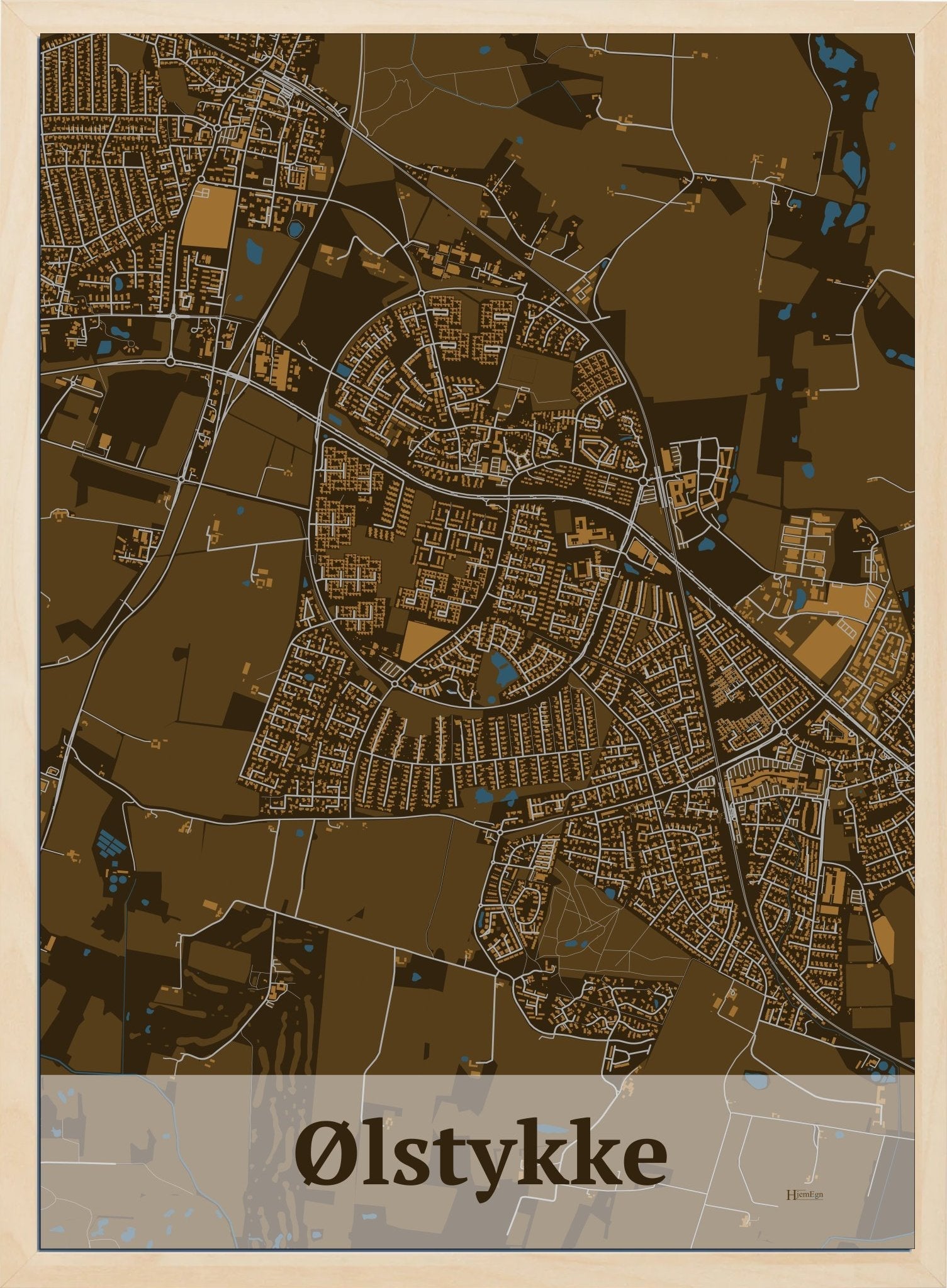 Ølstykke plakat i farve mørk brun og HjemEgn.dk design firkantet. Design bykort for Ølstykke