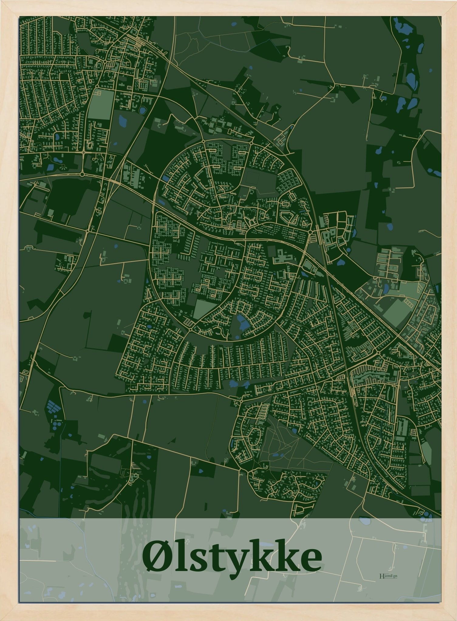 Ølstykke plakat i farve mørk grøn og HjemEgn.dk design firkantet. Design bykort for Ølstykke