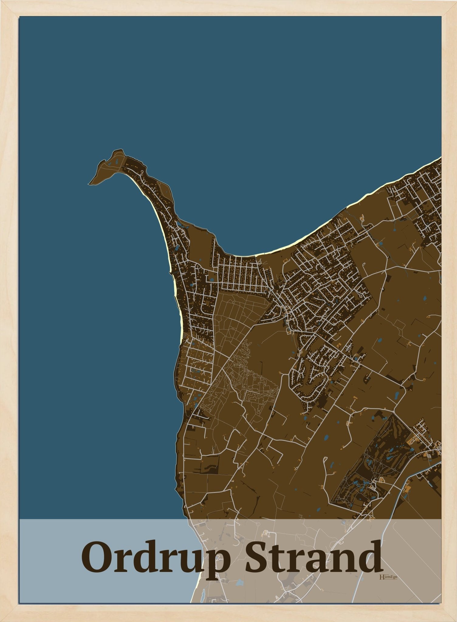 Ordrup Strand plakat i farve mørk brun og HjemEgn.dk design firkantet. Design bykort for Ordrup Strand