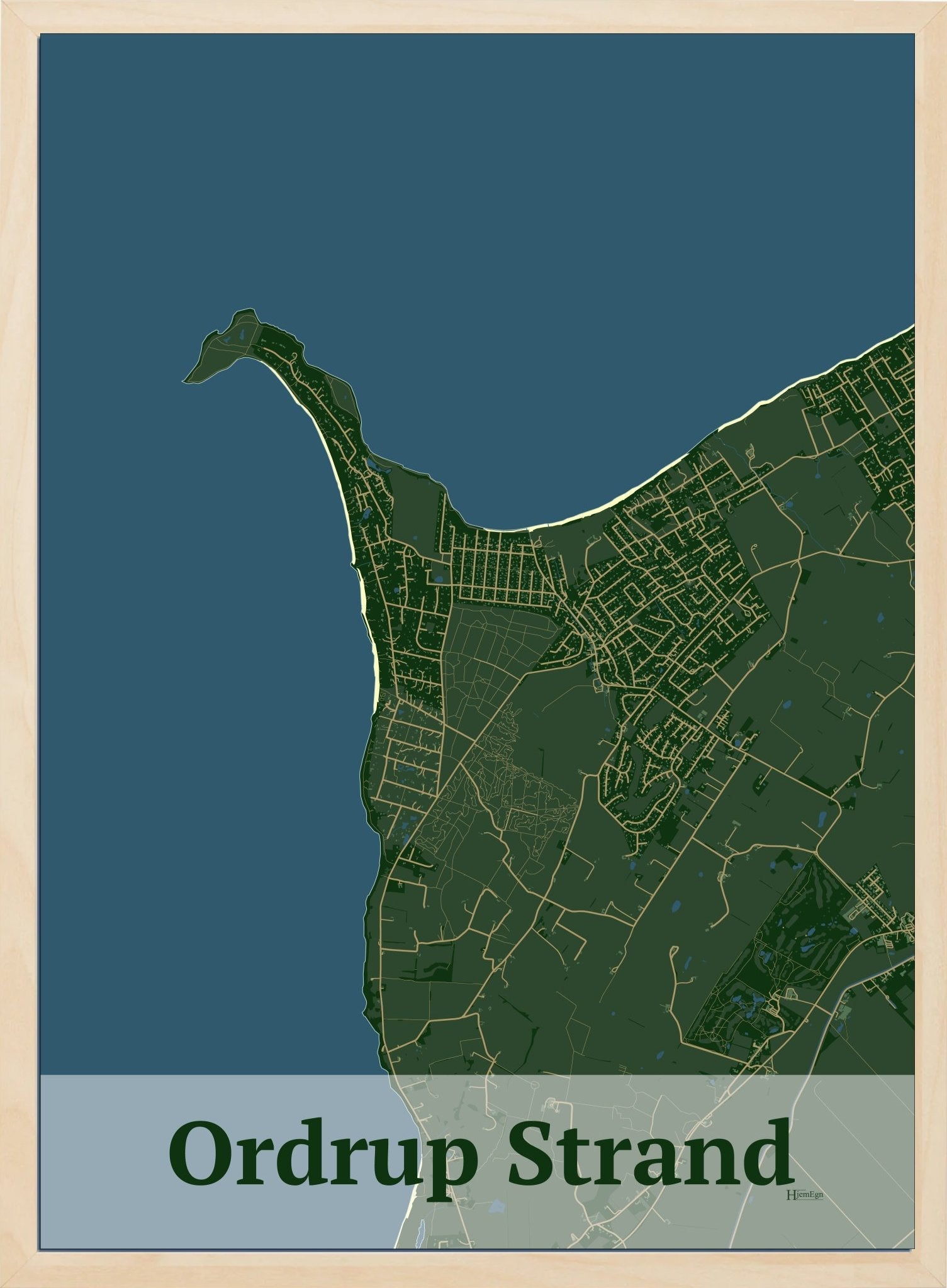 Ordrup Strand plakat i farve mørk grøn og HjemEgn.dk design firkantet. Design bykort for Ordrup Strand